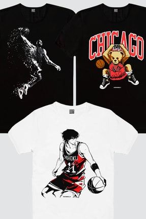 Erkek Siyah Chicago Basket, Beyaz Yakşıklı Basketci, Siyah Pro Smaç 3'lü Eko Paket T-shirt 1M1BM972AX