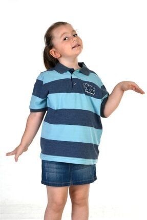 Unisex Çocuk Ve Anne Takım Turkuaz Mavi Çizgili Polo Yaka Kısa Kollu Pike T-shirt 327