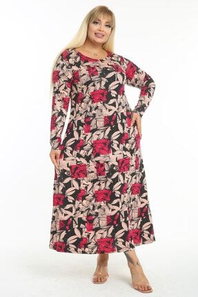Kadın Pembe Fuşya Floral Desen Büyük Beden Maksi Elbise 2140145
