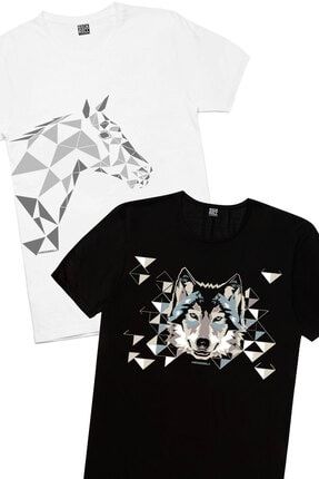 Erkek Beyaz Geometrik At, Siyah Geometrik Kurt 2'li Eko Paket T-shirt 1M1BM873AX