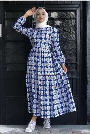 Kadın Papatya Desen Poplin Kumaş Elbise Lacivert NZPO01