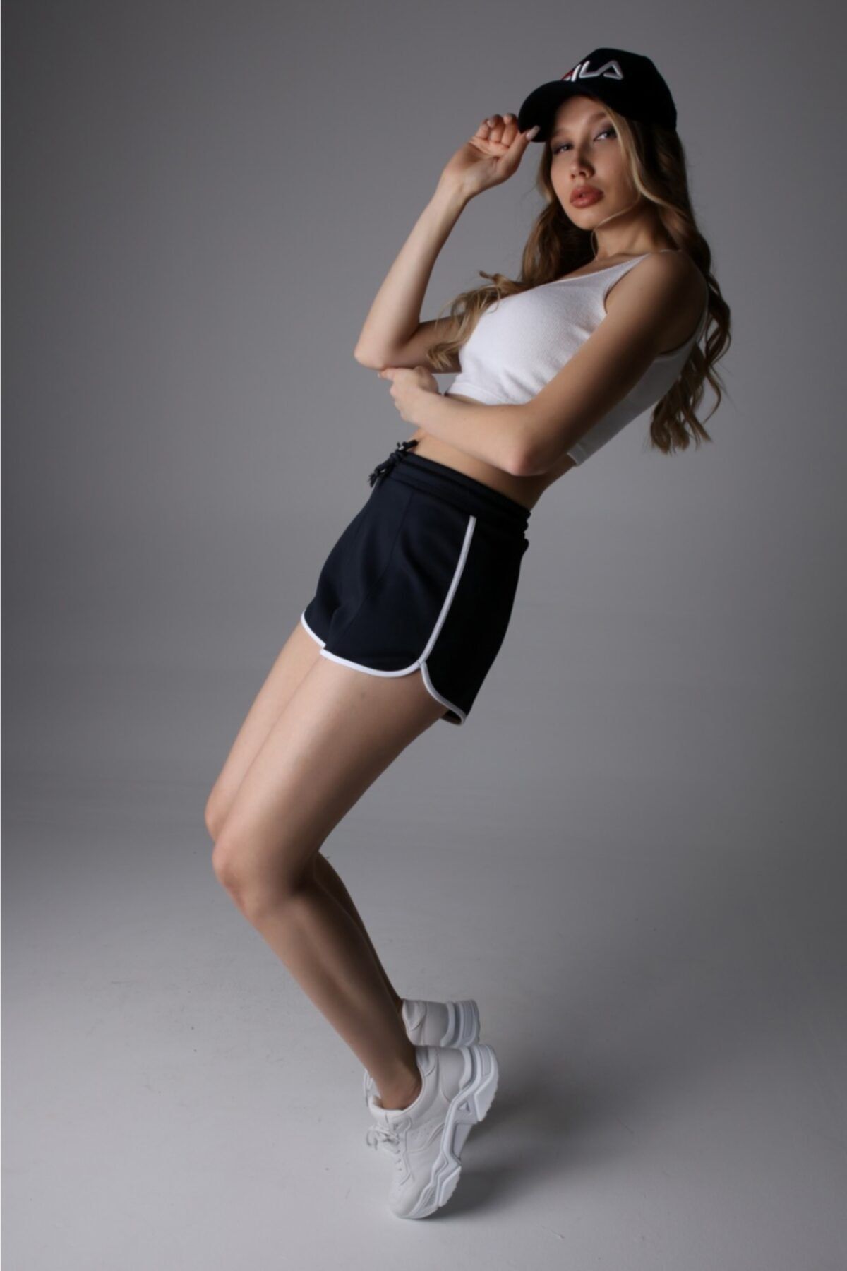 1Moda1Tarz-Black Knitted Fabric Striped High Waist Shorts with Elastic Waist Adjustable Lacing 5