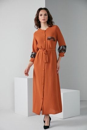 Kadın Düğmeli Kemerli Cep Kol Organze Elbise 2058 NESS-2058-SH