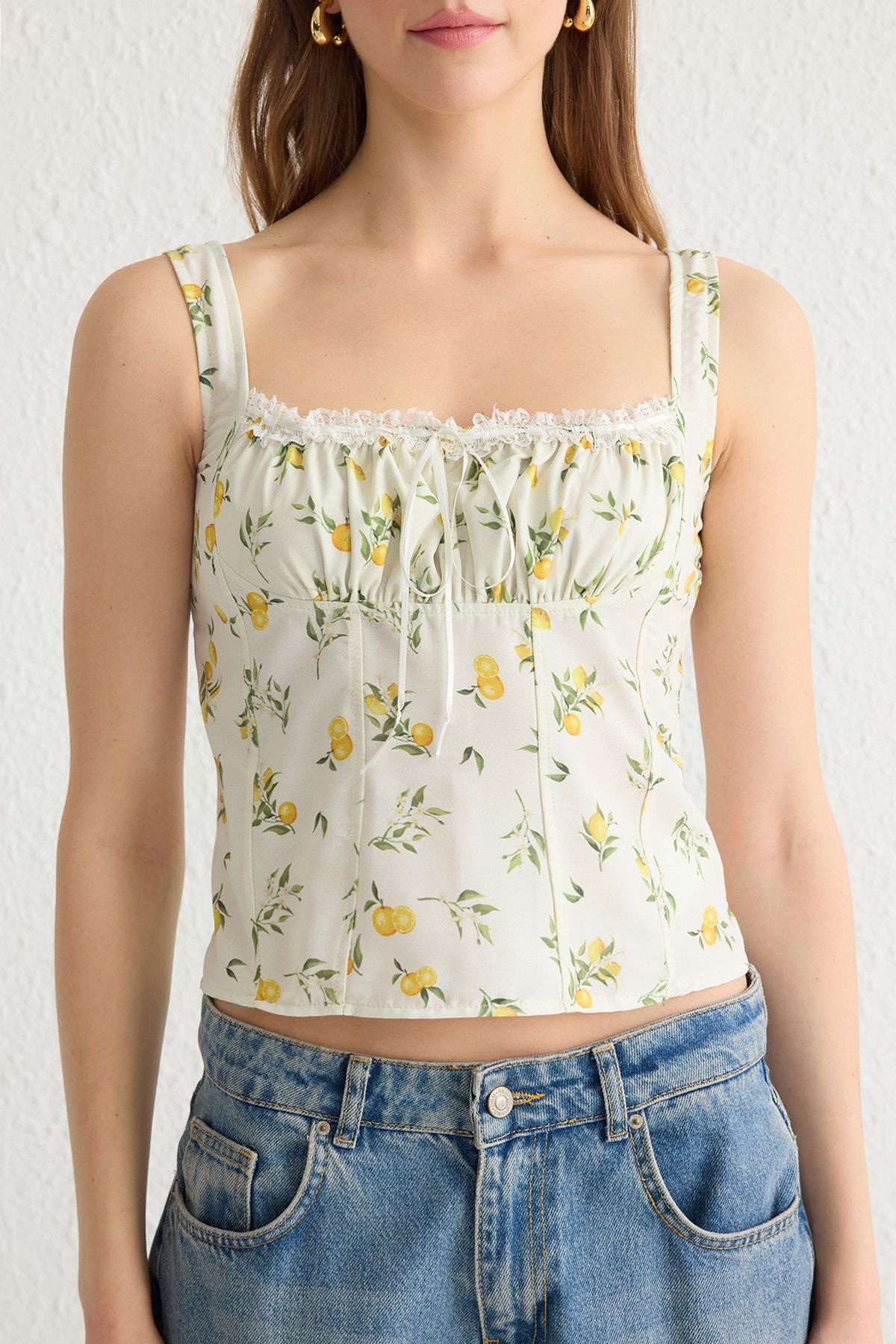 Trendyol Collection-Lemon Print Ecru Crop Blouse with Straps and Gathered Front Twoss25Bz00052 6