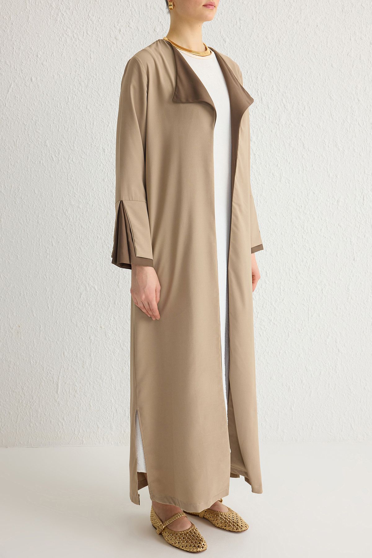 Trendyol Modest-Бежево-коричнева довга ткана шапка з аеробіну Abaya Abaya TCTSS24KF00011 3