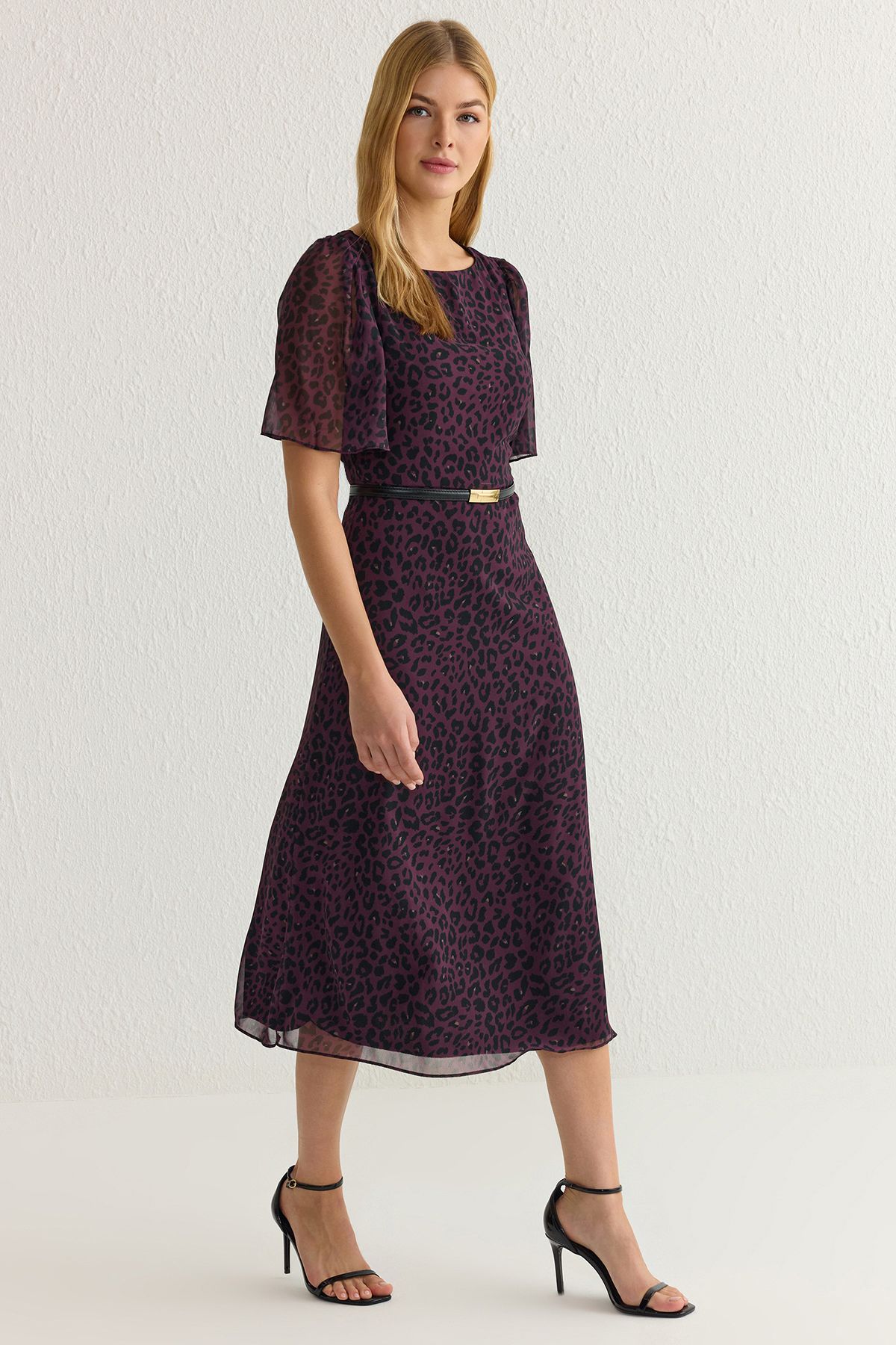 Trendyol Collection Purple Animal A-Line Midi Lined Chiffon Woven Dress Twoss23El01372