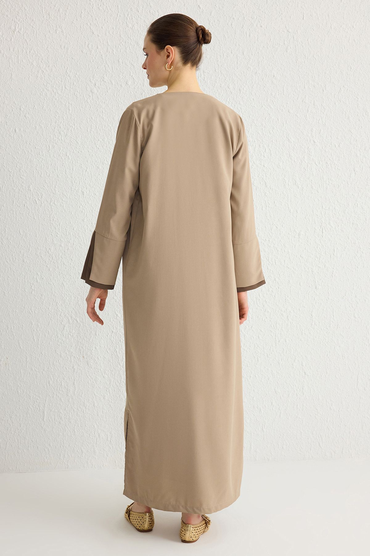 Trendyol Modest-Бежево-коричнева довга ткана шапка з аеробіну Abaya Abaya TCTSS24KF00011 5