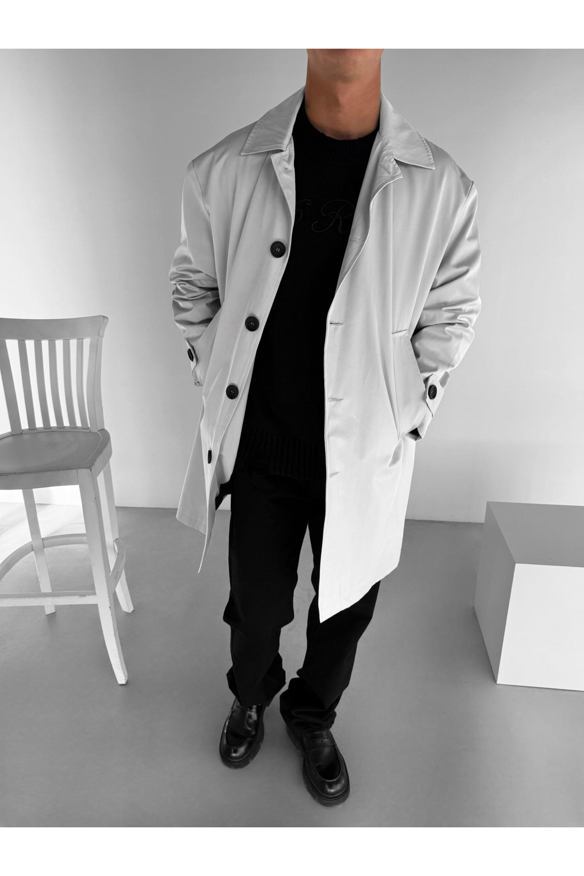 ablukaonline  Erkek Oversize Uzun Su Ve Rüzgar Geçirmez Pardesü Trençkot Gri - Görsel 4