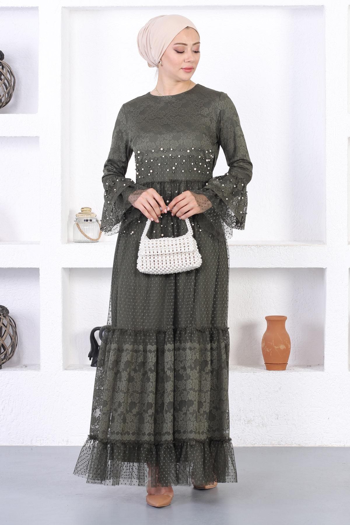 Moda Mihram-Pearl Lace Ruffle Sleeve Evening Dress 3