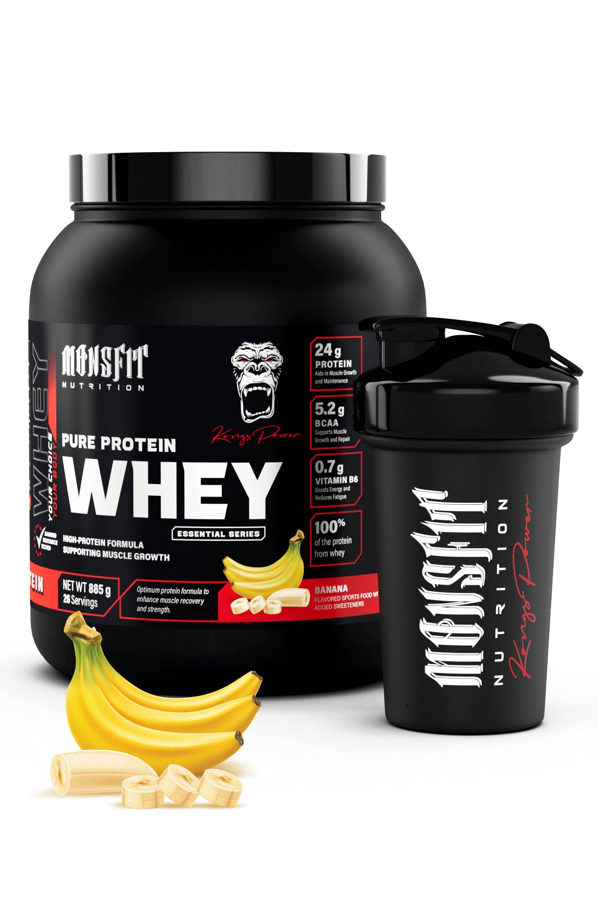 MONSFİT Whey Protein 885 G (26 SERVİS) - Kas Yapılanmasına Yardımcı (MUZ AROMALI)