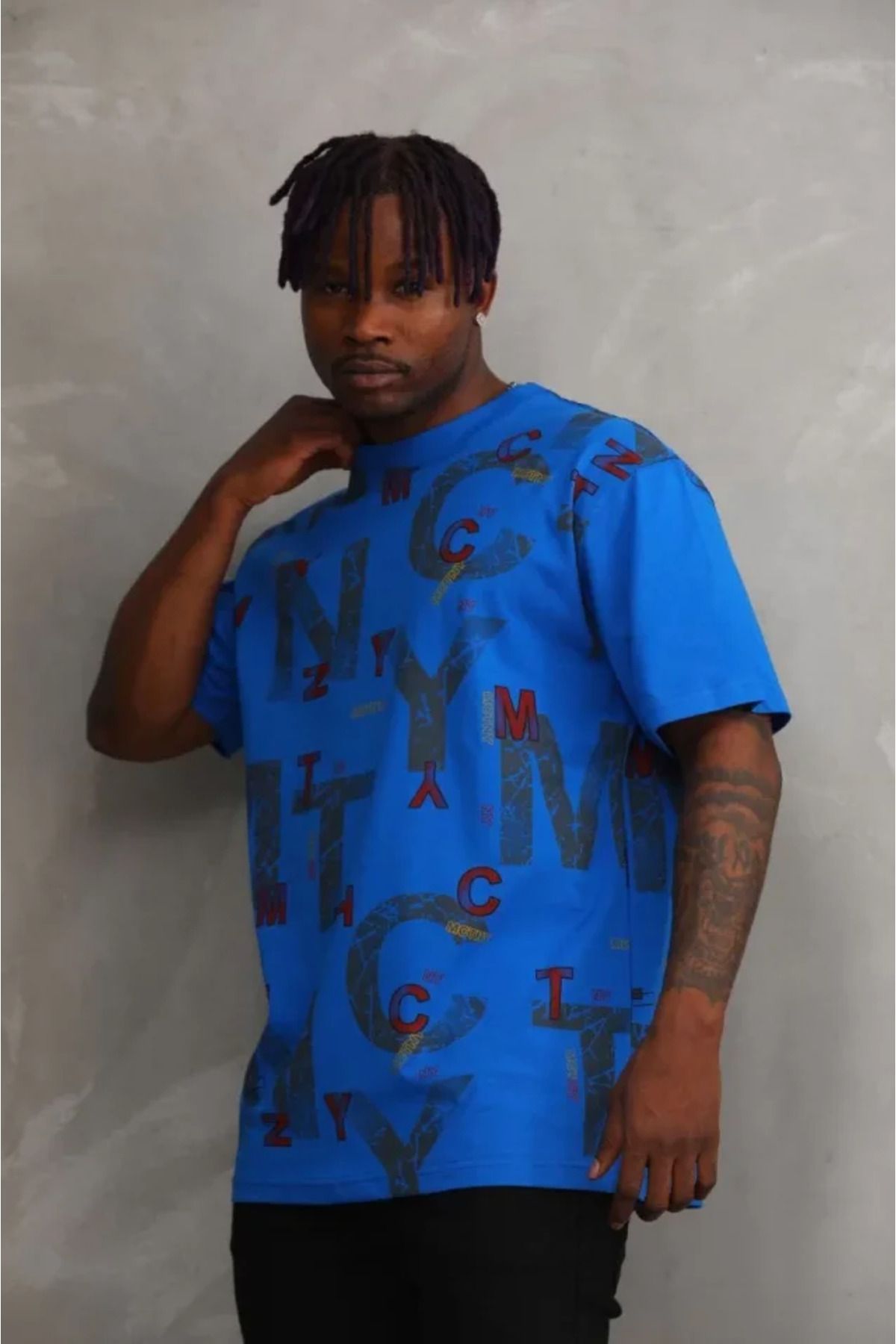 vivenza Unisex Baskılı Oversize T-Shirt - Mavi