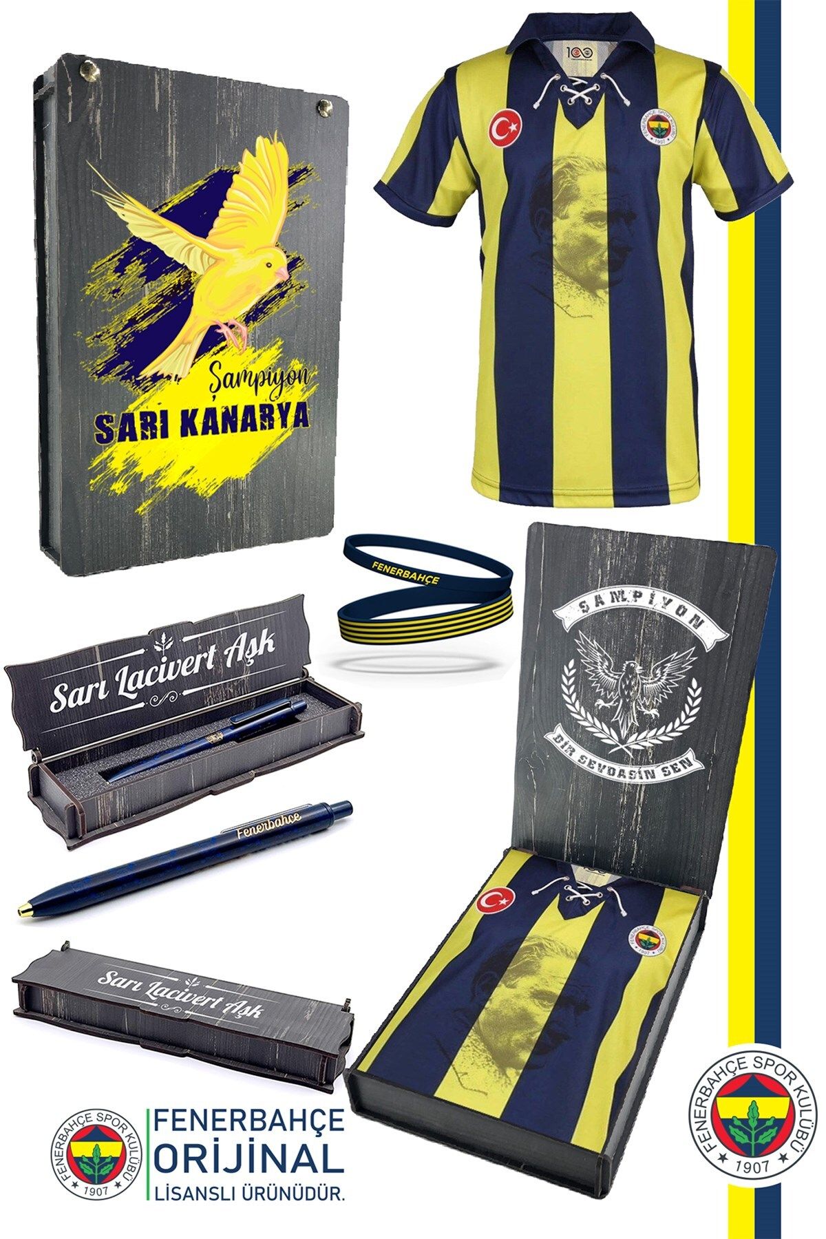 Fenerbahçe Orijinal Lisanslı 100. Yıl Forma Uçlu Kalem + Bileklik Set Hediyelik Ahşap Kutulu