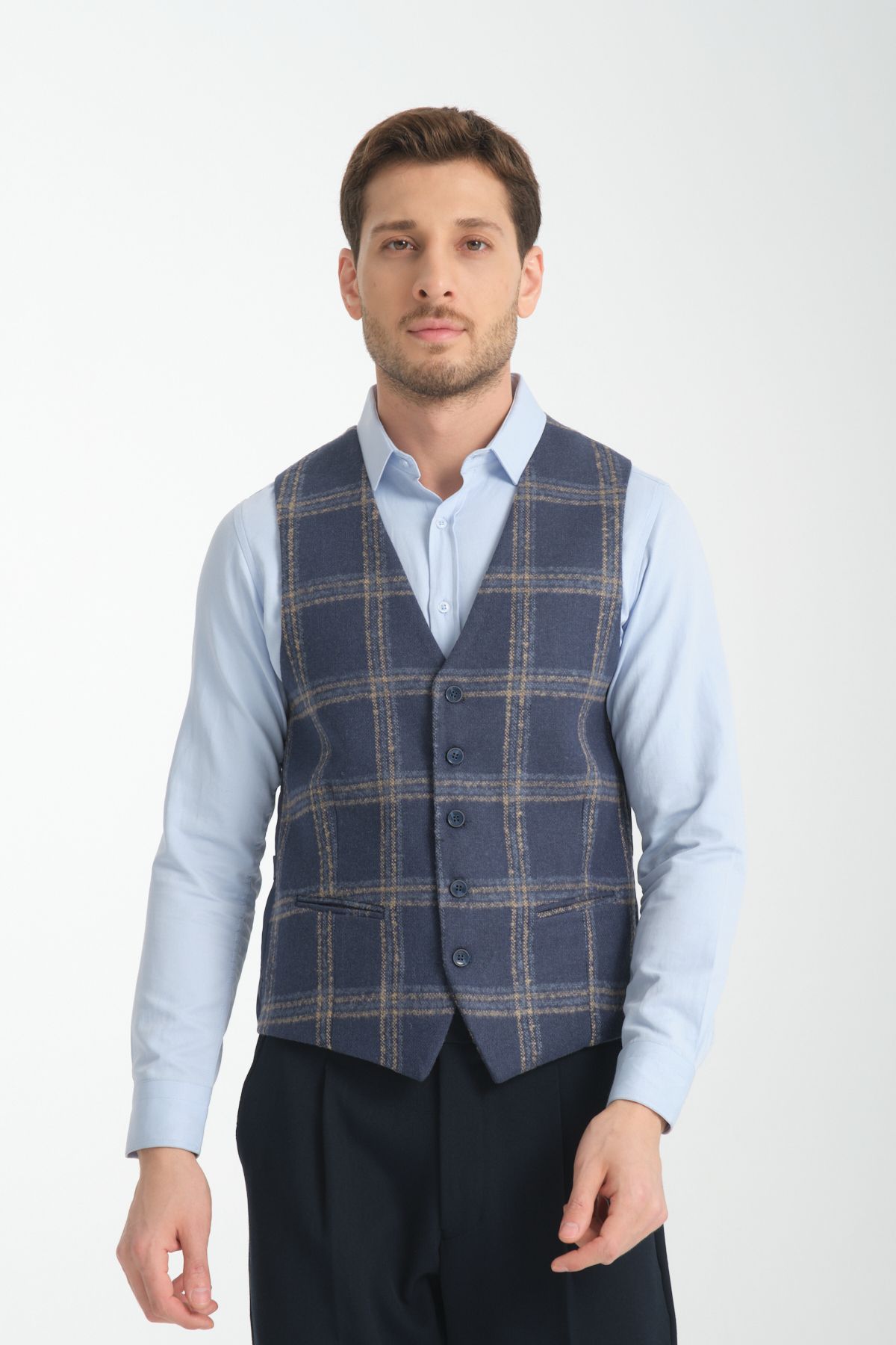 Frappoli-Plaid Patterned V-Neck Vest Slim Fit 3