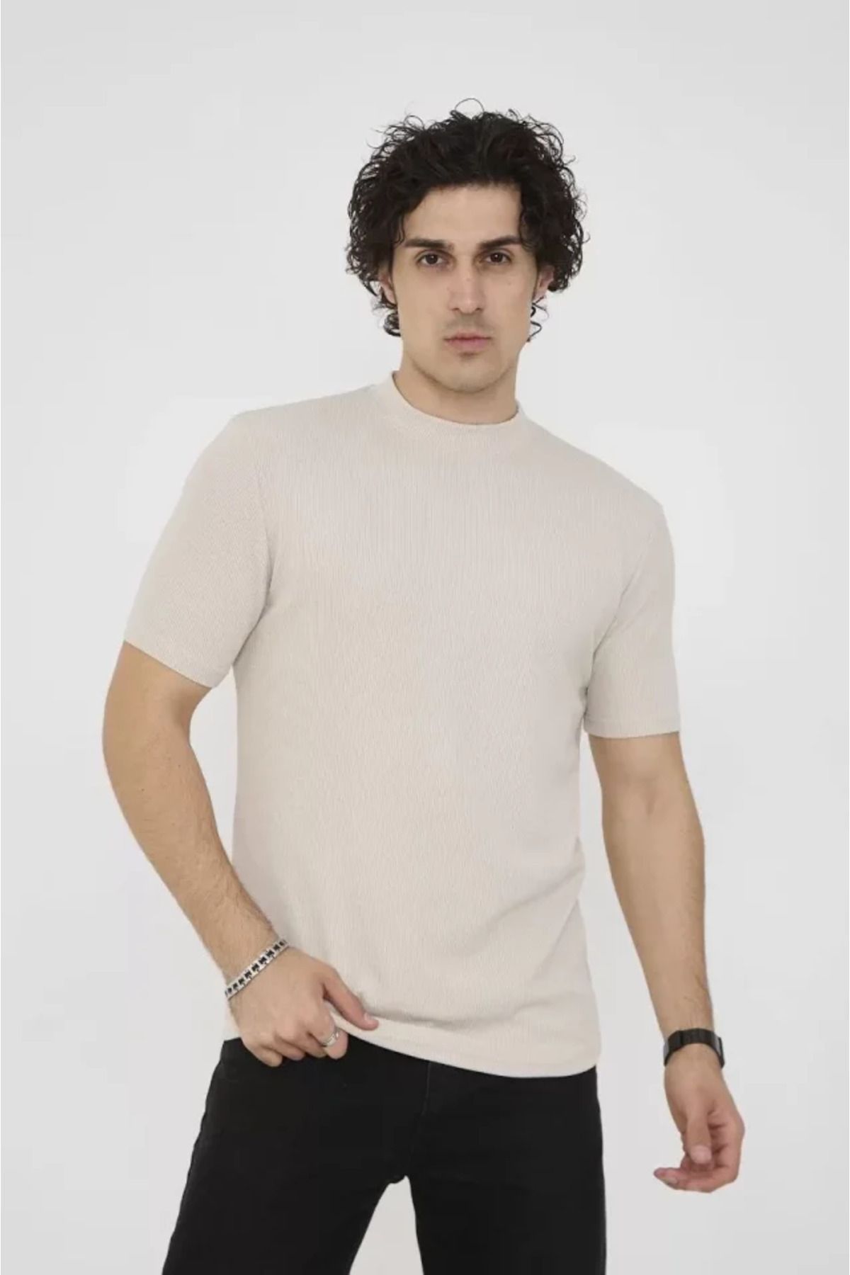 Moka Shopin-Mokashopin Beige Unisex Slim Fit Crew Neck T-Shirt 2