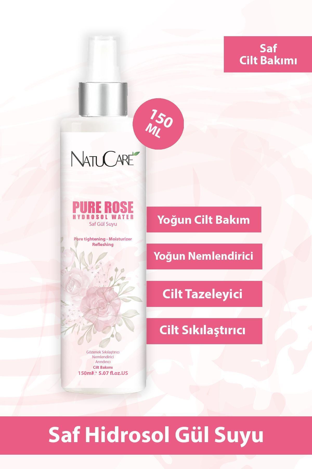 NatuCare Gözenek Sıkılaştırıcı Ve Arındırıcı %100 Saf Ve Doğal Hidrosol Gül Suyu 150ml