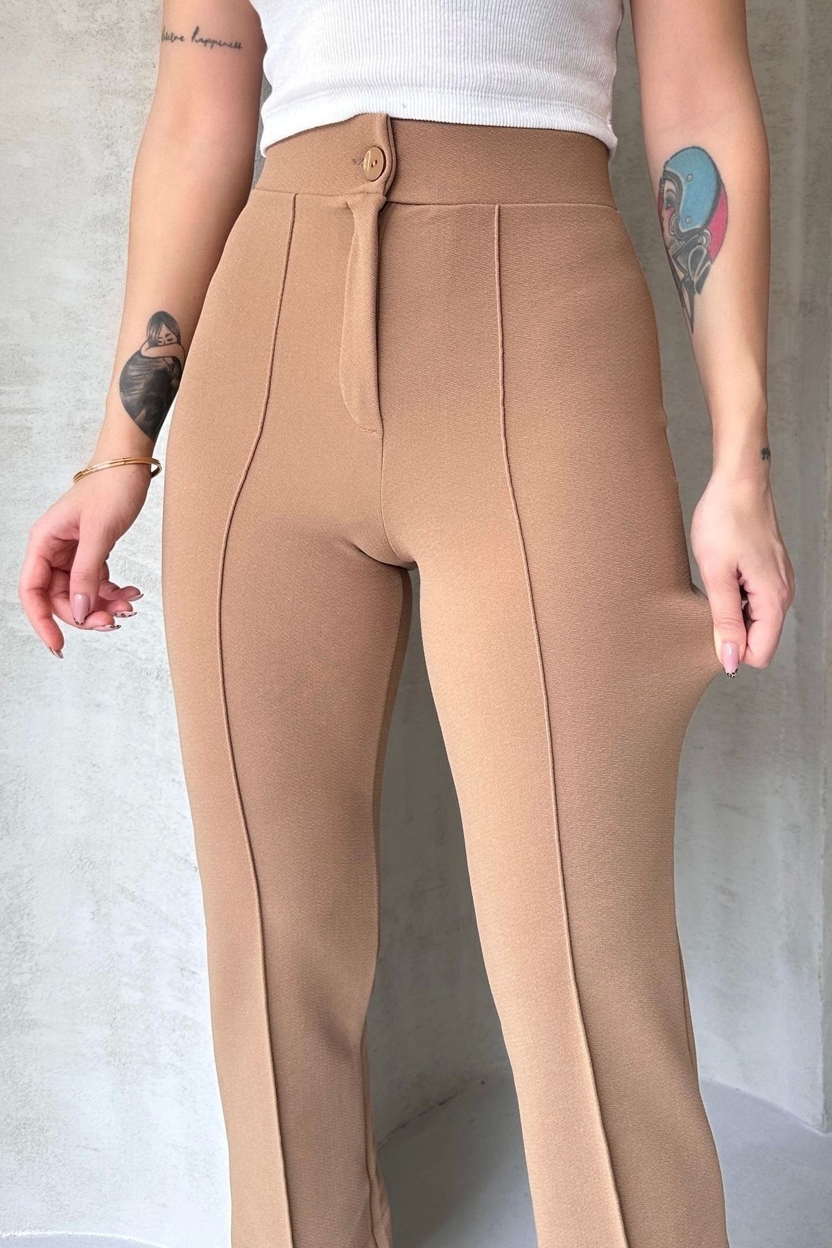 NO979-Women's Beige High Waist Slim-fit Flare Leg Palazzo Pants 2