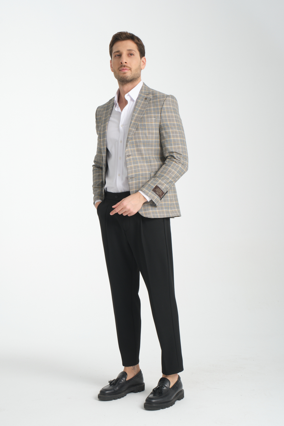 Frappoli  Ferruci Erkek Gri Ekose Slim Fit Dar Kesim Mono Yaka Blazer Ceket - Görsel 6