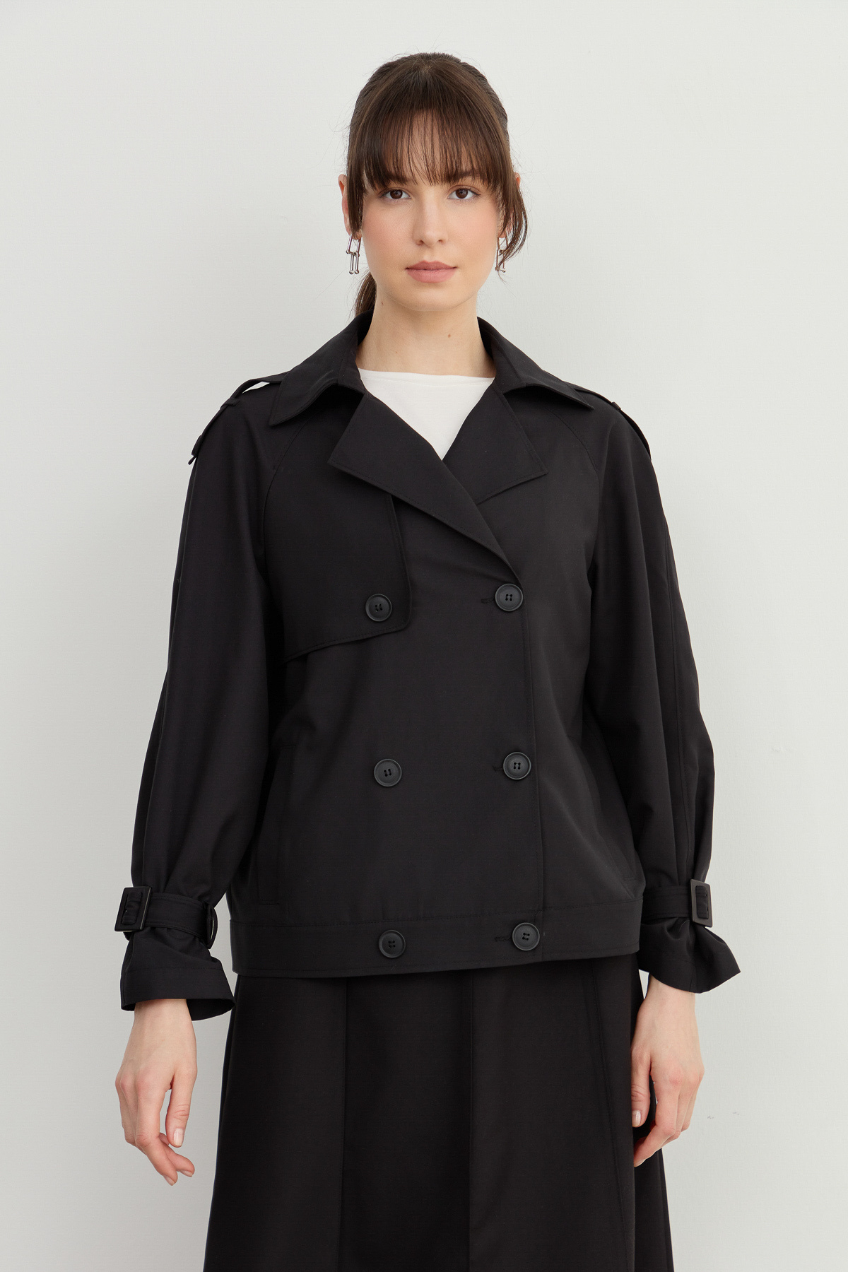 Fatma Atasoy-Midi Trench Jacket with Sleeve Epaulettes Black 2