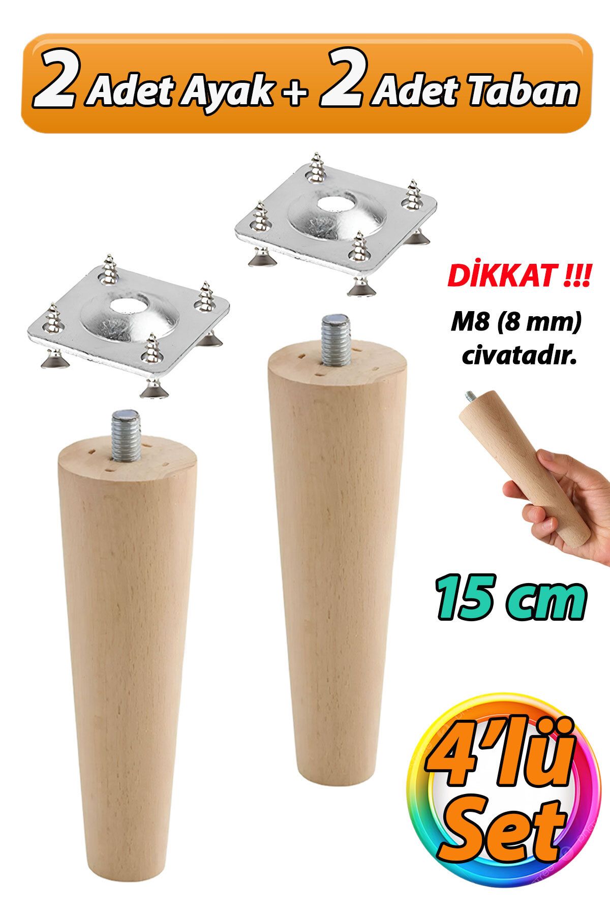 GLASWEN Ahşap Ayak 15 Cm 4'lü Set M8 Civatalı Bağlantı Aparatlı Dolap Mobilya Koltuk Kanepe Destek Ayağı Aya