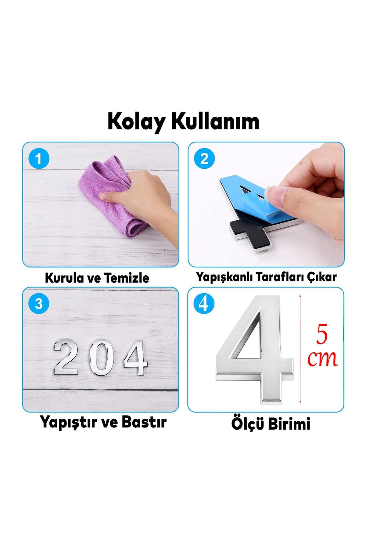 Badem10-Chrome Color 50 mm Small Size Door Numbered - 4 Figures Four Count Adhesive 1 Piece 2