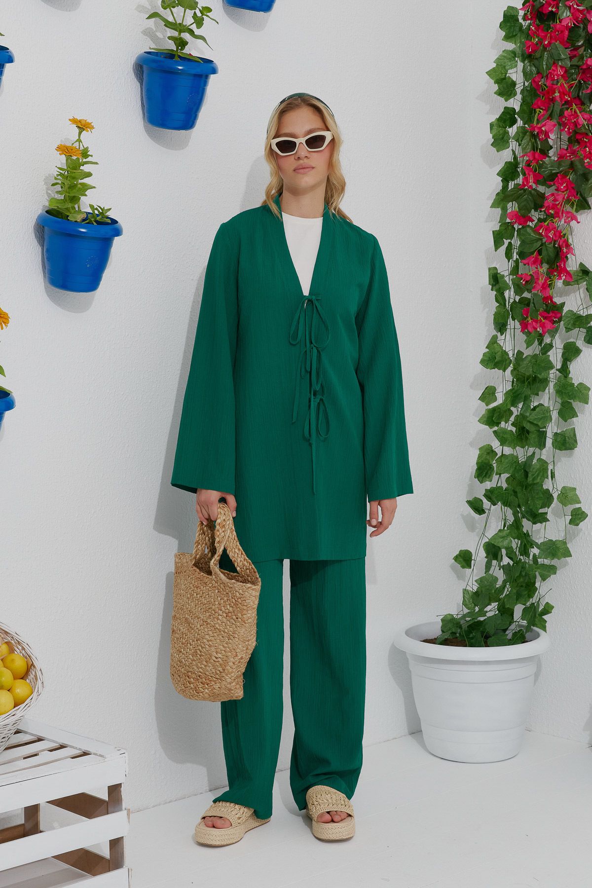 Fatma Atasoy Set Dublu Seersucker Kimono Emerald Femeie - S