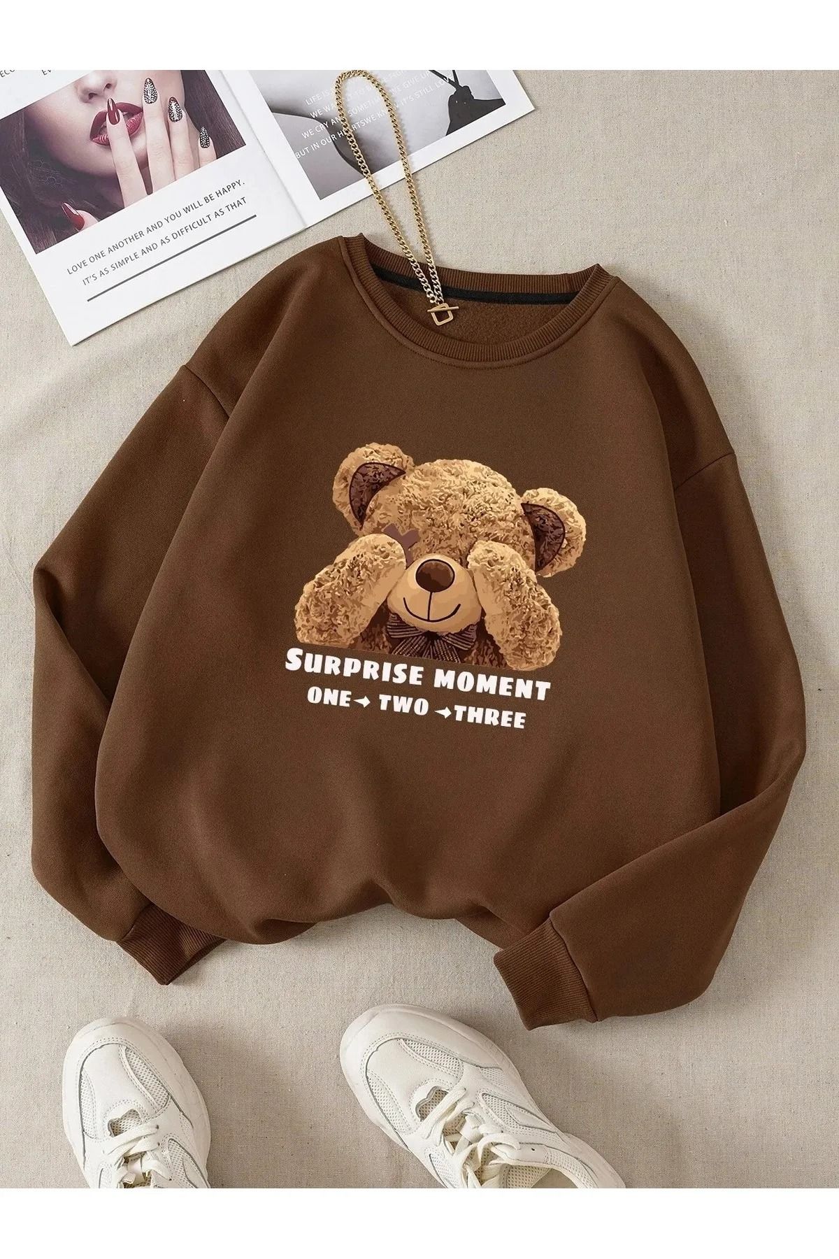 DAXİS Sportwear Company-Women's Teddy Bear Printed Crew Neck Sweatshirt 1