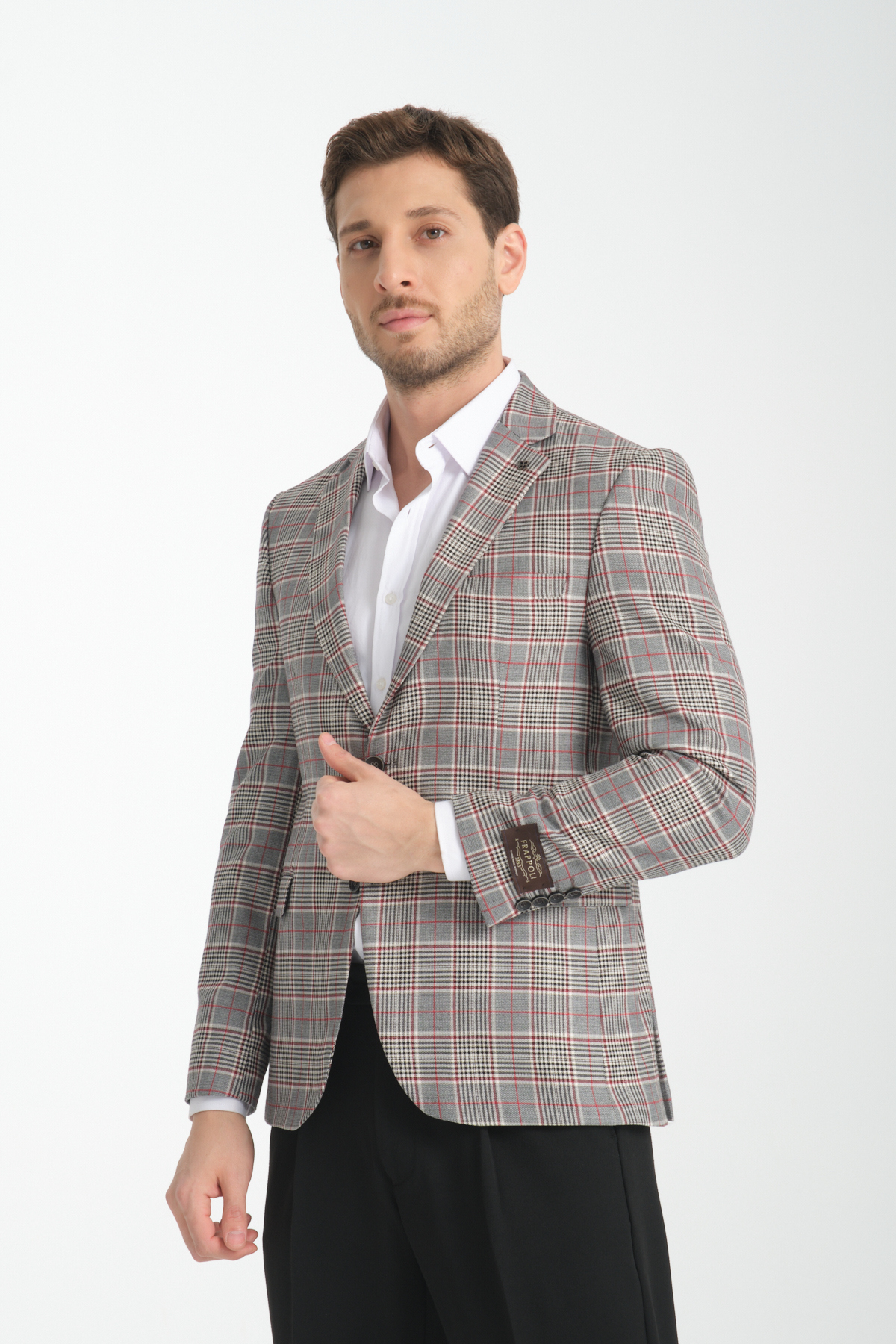 Frappoli  Ferruci Erkek Siyah - Bordo Ekose Slim Fit Dar Kesim Mono Yaka Spor Blazer Ceket - Görsel 5