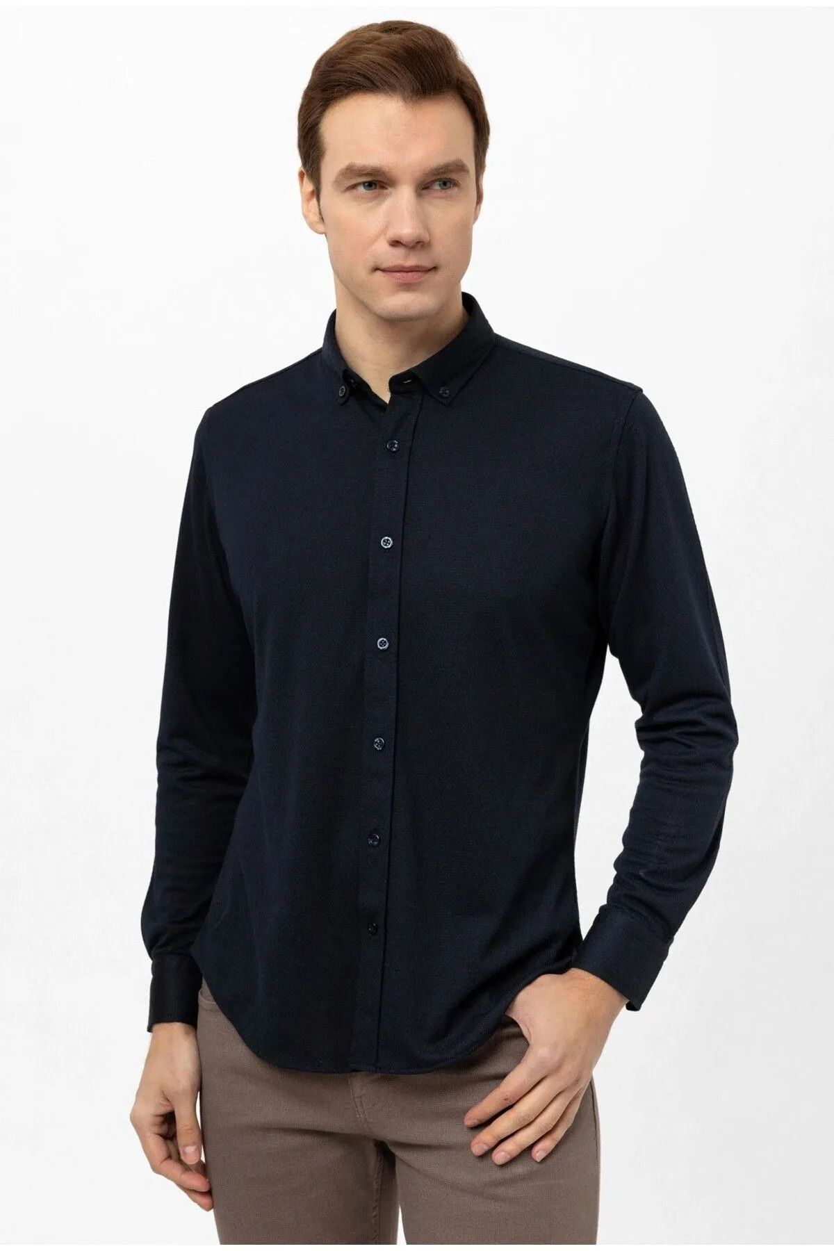 SÜVARİ-Slim Fit Extra Licra Armor Patterned Kaki Shirt 2