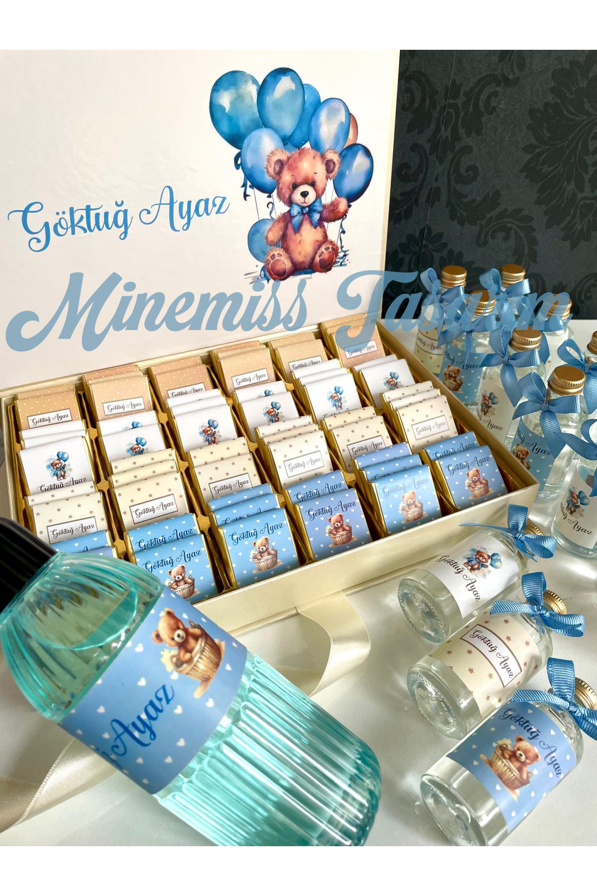 Minemiss Tasarım Kutulu Isme Özel Tasarımlı Kız-erkek 50 Adet Bebek Çikolatası Ve 20 Adet Kolonya Yaş Günü-hediyelik fotoğrafı 2 (önizleme)