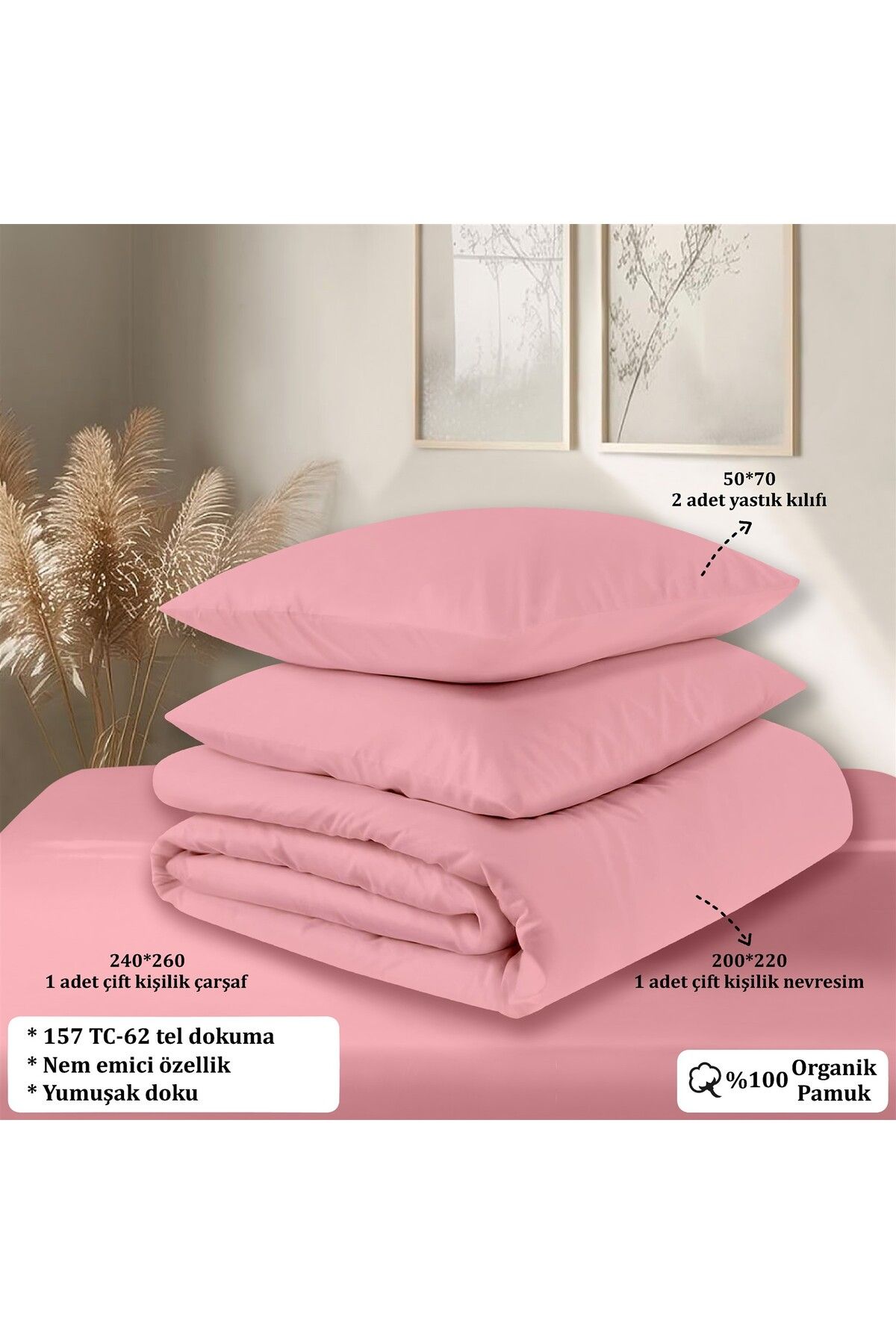 Evim-Pink Double Organic Cotton Duvet Cover Set - 200X220 cm 6