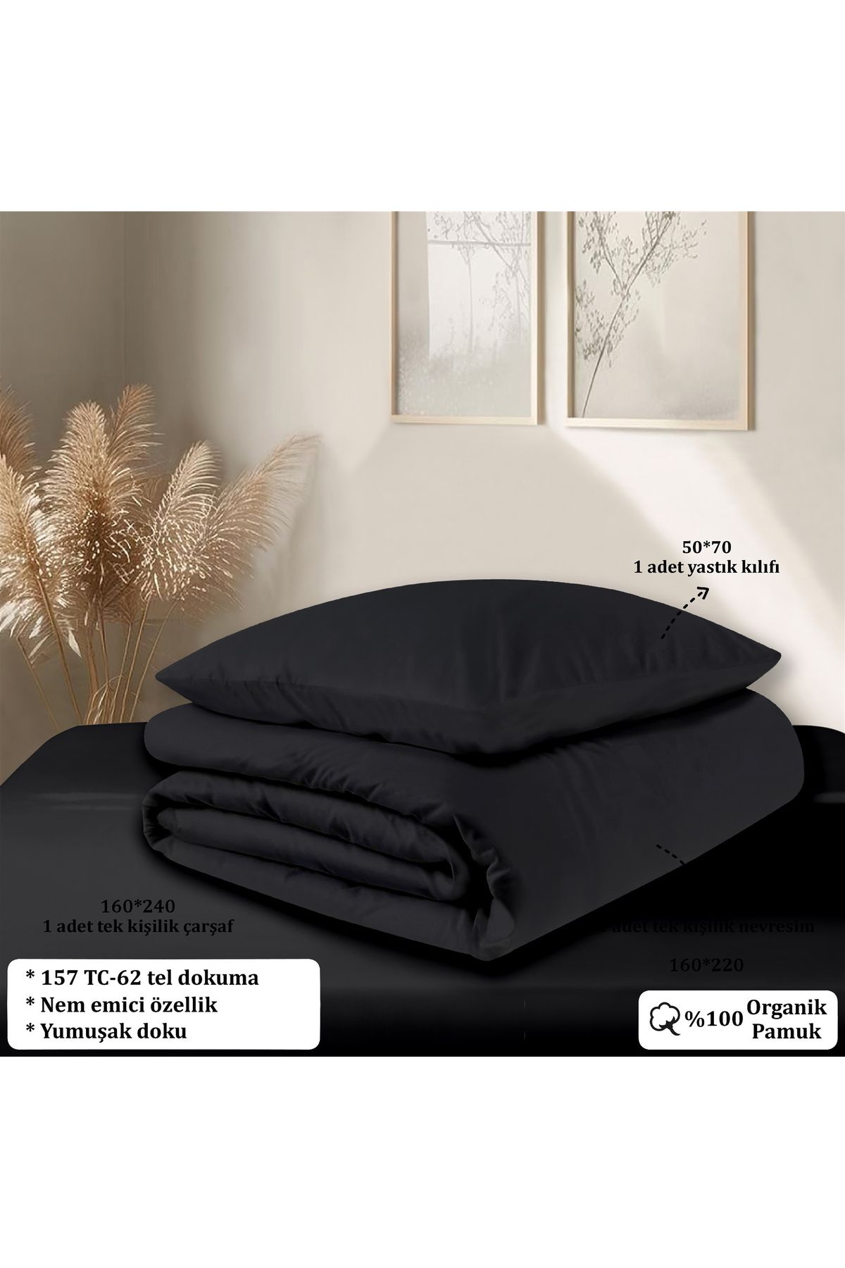 Evim-Black Single Duvet Cover Set - 160X220 Cm, Organic Cotton and Akfil 6