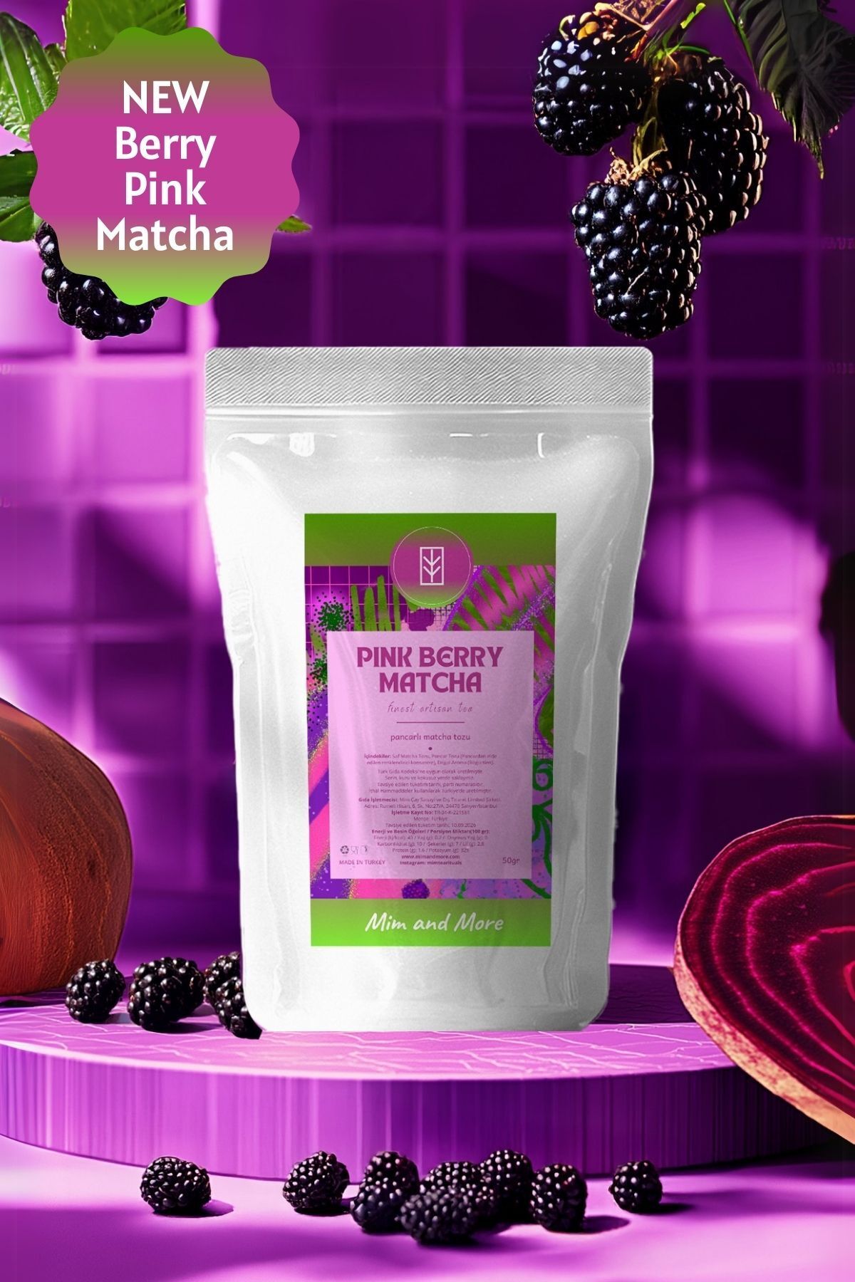 Mim and More Pink Berry Matcha - Böğürtlen Aromalı Pembe Superfood Matcha Tozu, 50 gr