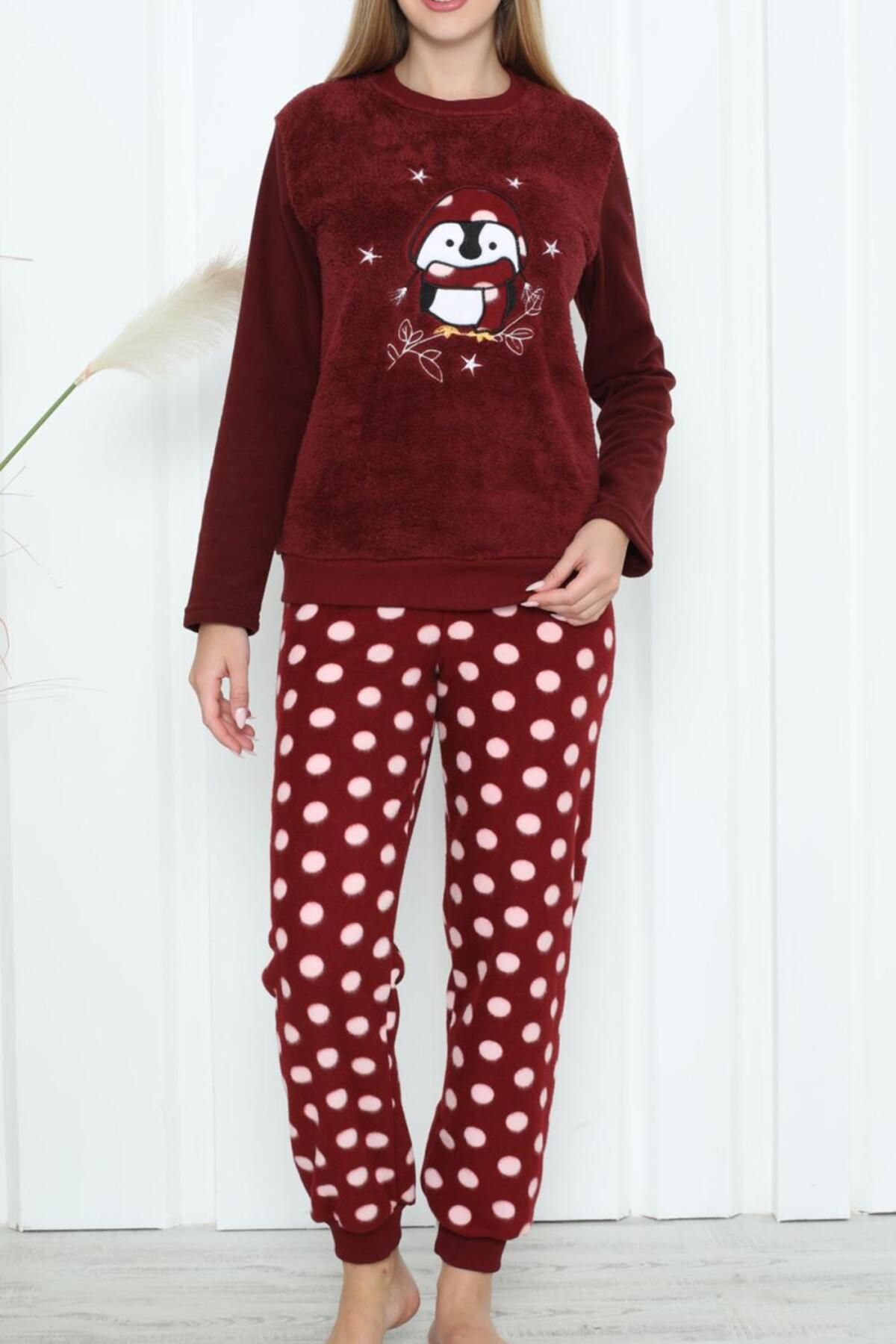 Nicoletta-Women's Plush Pajama Set Welsoft CLARET RED 1