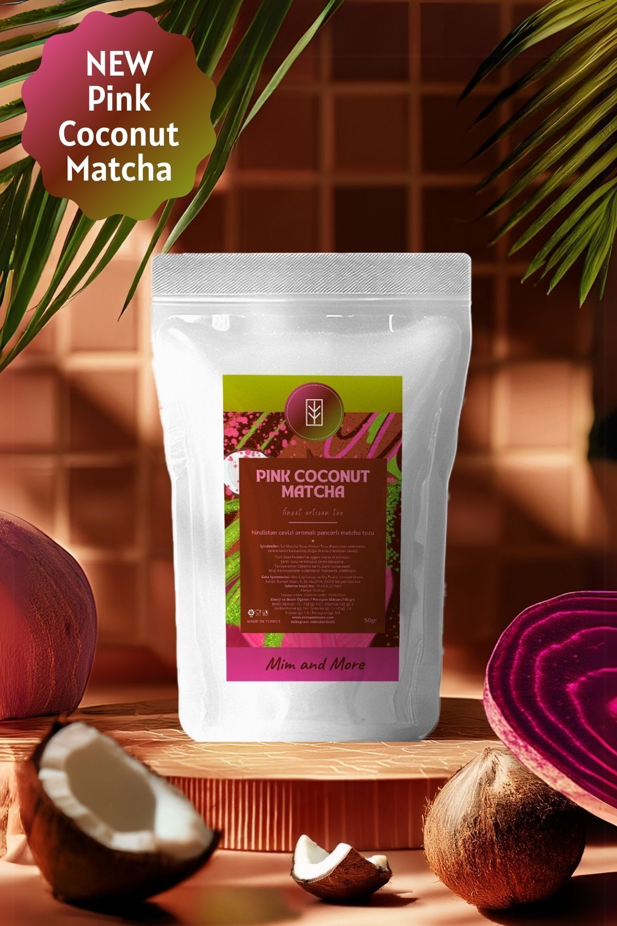 Mim and More Pink Coconut Matcha - Hindistan Cevizi Aromalı Pembe Superfood Matcha Tozu, 50 gr