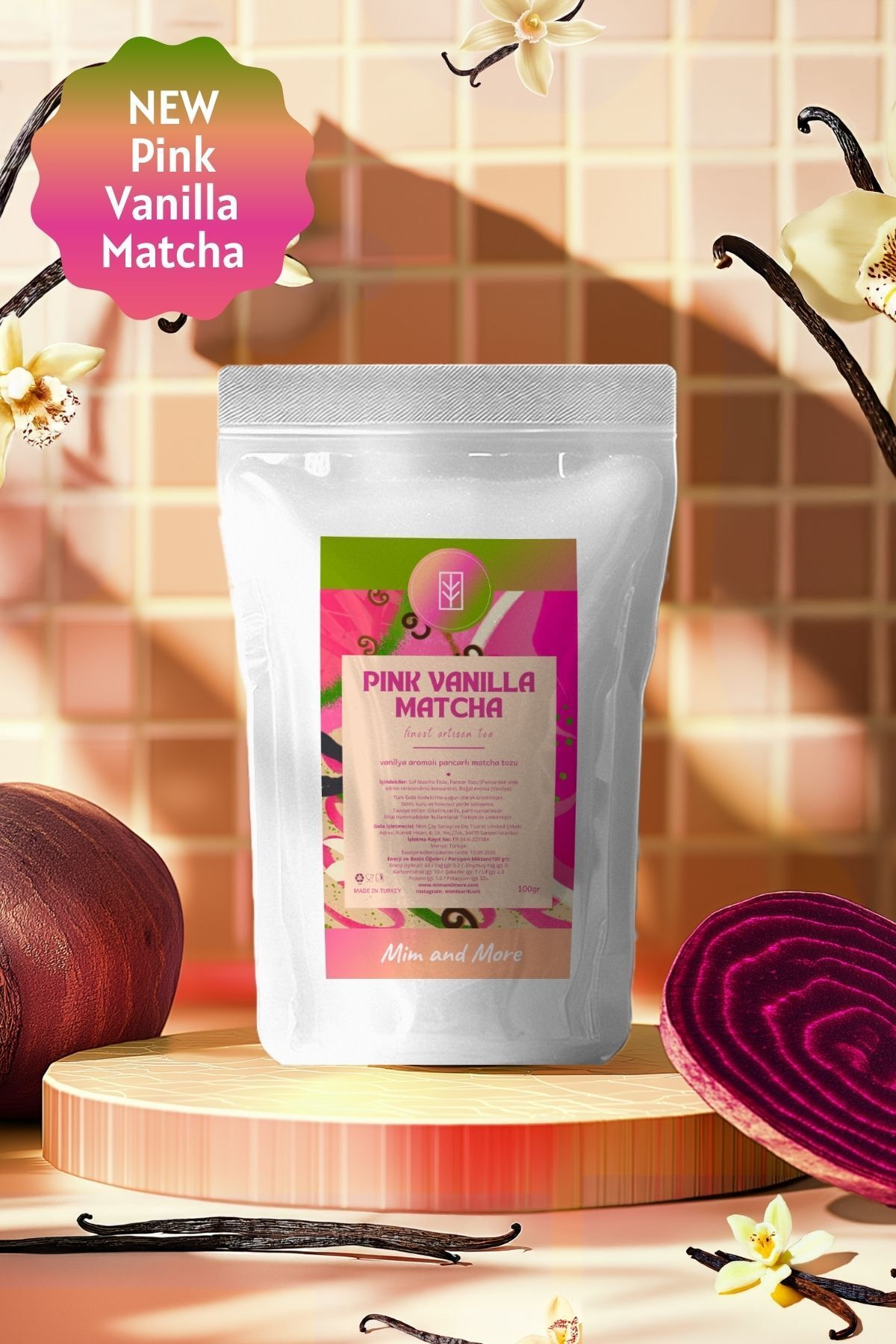 Mim and More Pink Vanilla Matcha - Vanilya Aromalı Pembe Superfood Matcha tozu, 100 gr