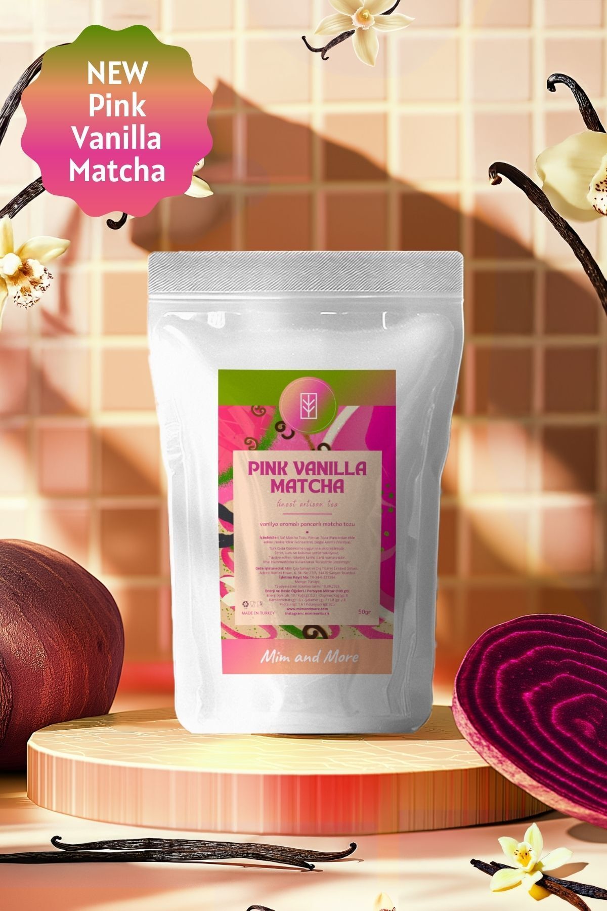 Mim and More Pink Vanilla Matcha - Vanilya Aromalı Pembe Superfood Matcha tozu, 50 gr