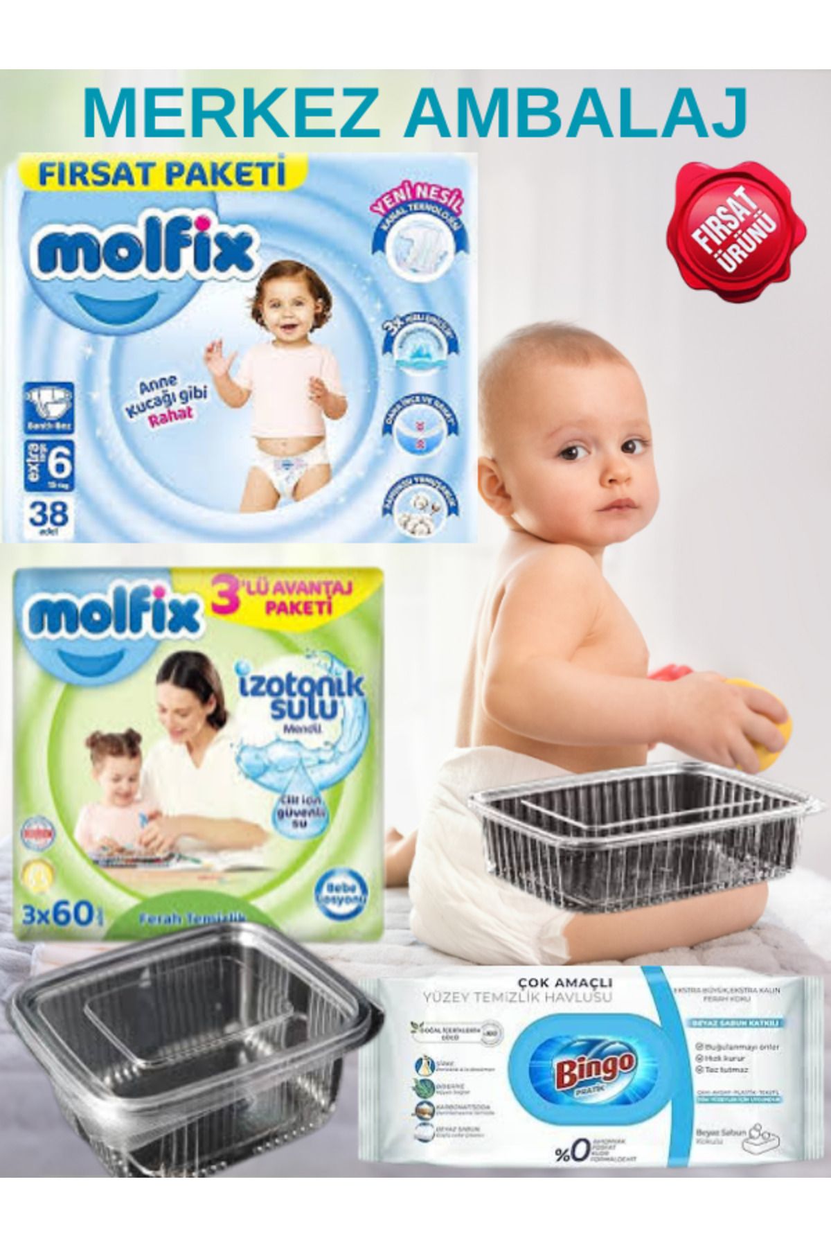 Molfix-Size 6 38 Baby Diapers - Surface Cleaning Wipes + Size Free 500 and 750 Pieces + 3*60 Wet Wipes 2