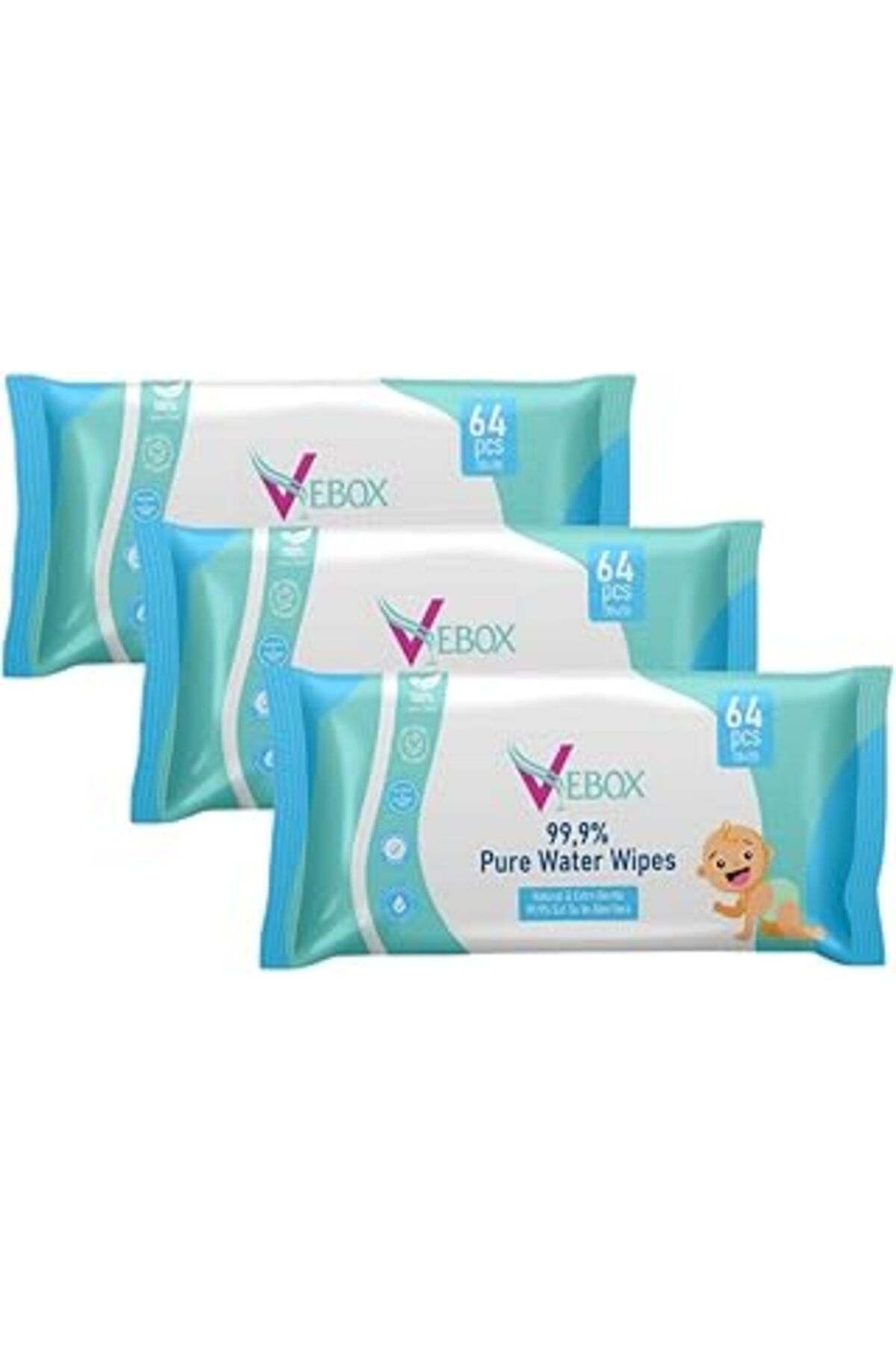 Epatim Vebox Pure Water Wipes Islak Mendil 3 Paket 192 Yaprak - Yenidoğan & Hassas Ciltler Için Bebek Bakı