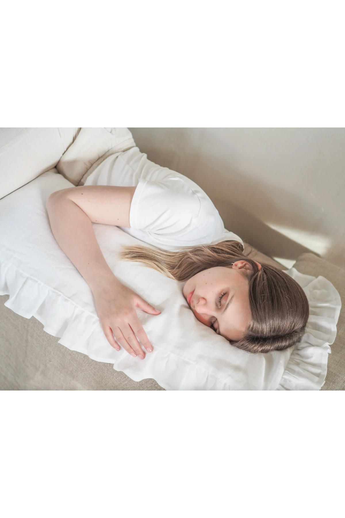 Tinybabyconcept %100 Pamuklu Hamile Yastığı Kılıfı 50x135 Cm Doğal Ham Keten Fırfırlı Beyaz, Dekoratif fotoğrafı 5 (önizleme)