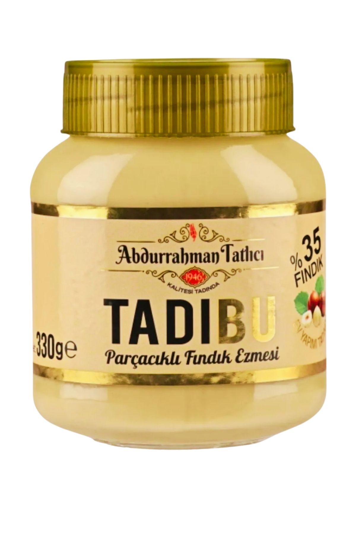 Abdurrahman Tatlıcı TADIBU-PARCACIKLI FINDIK KREMASI-330 gr (%35 FINDIK)(KORUYUCU EMULGATOR TRANS YAG ICERMEZ)