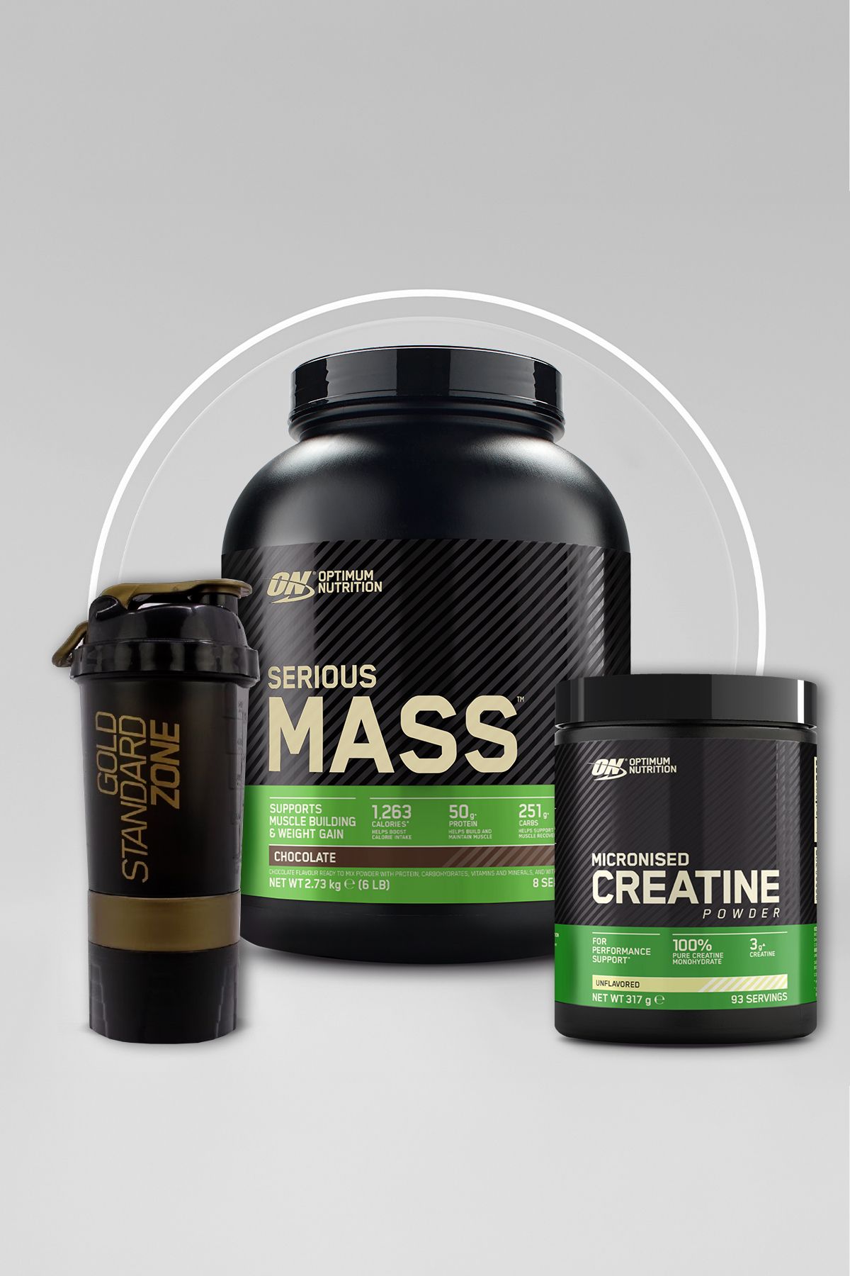 Optimum Nutrition Serious Mass Çikolata Aromalı 2.73kg 8 Servis-ON Creatine Aromasız 317g 93 Servis 2'li Set