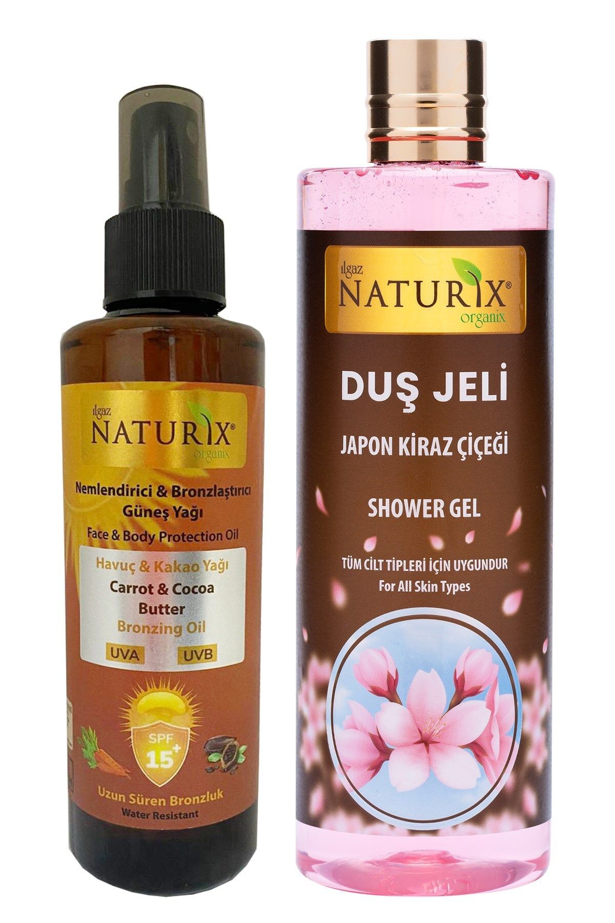 Naturix Kakao ve Havuç Yağı Spf 15 Yoğun Bronzlaştırıcı Yağ 200 Ml & Japon Kirazı Çiçeği 400 Ml