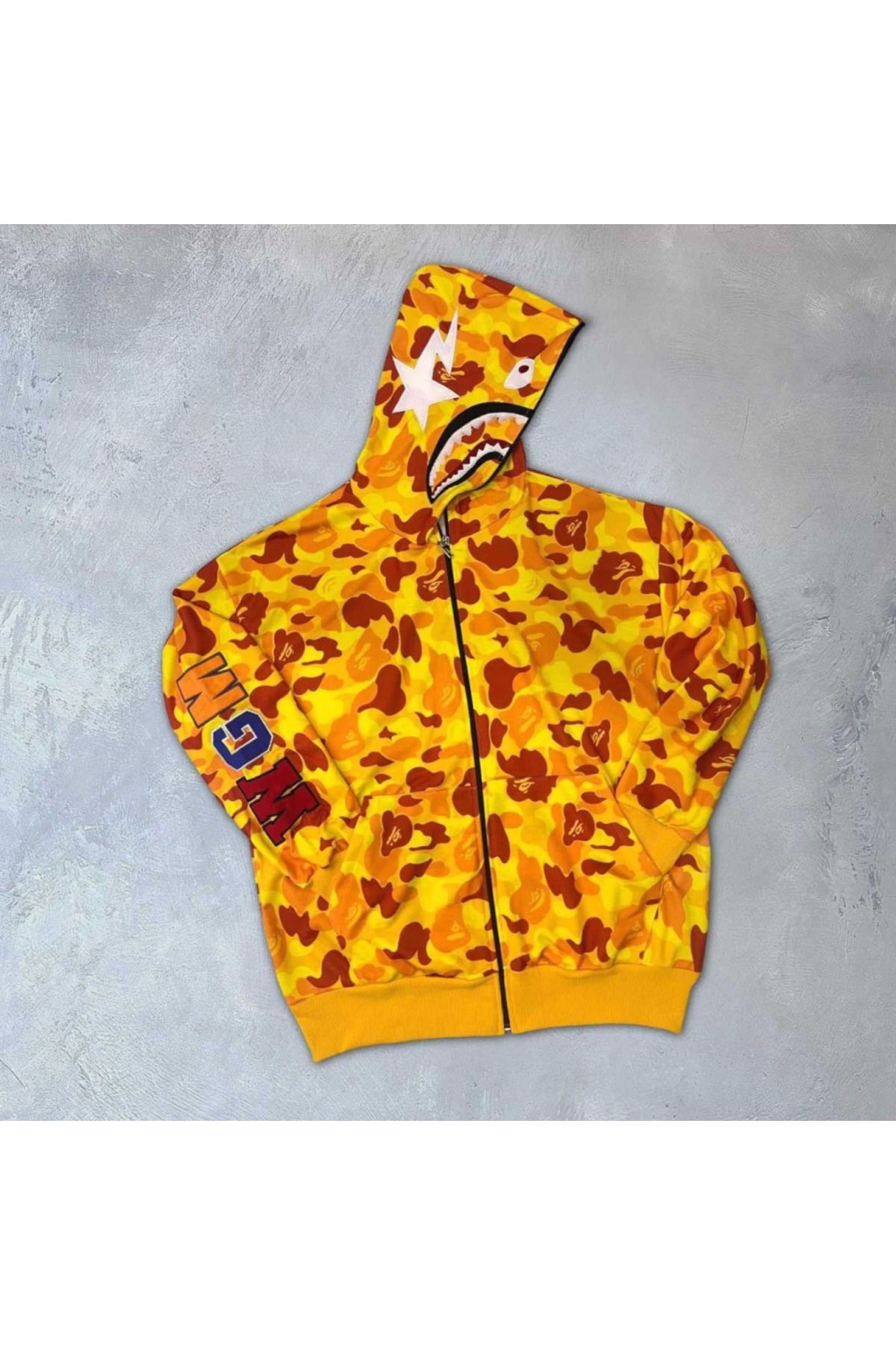 Lunaross Unisex 2 İplik Bape Kapüşonu Fermuarlı Hırka - Sarı