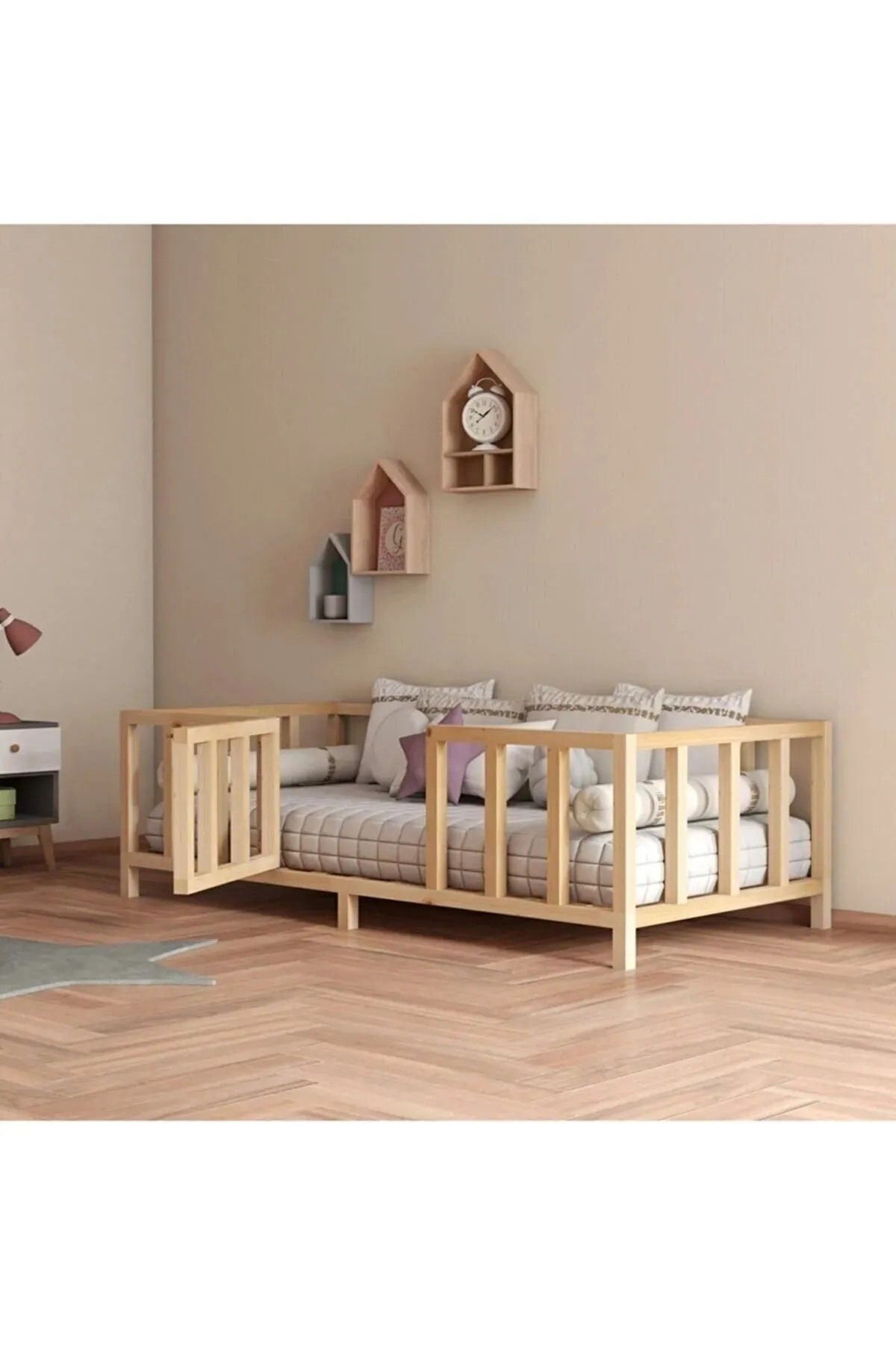 HFAY Design Kapılı Unisex Montessori Bebek Ve Çocuk Karyolası Doğal Ahşap Yatak