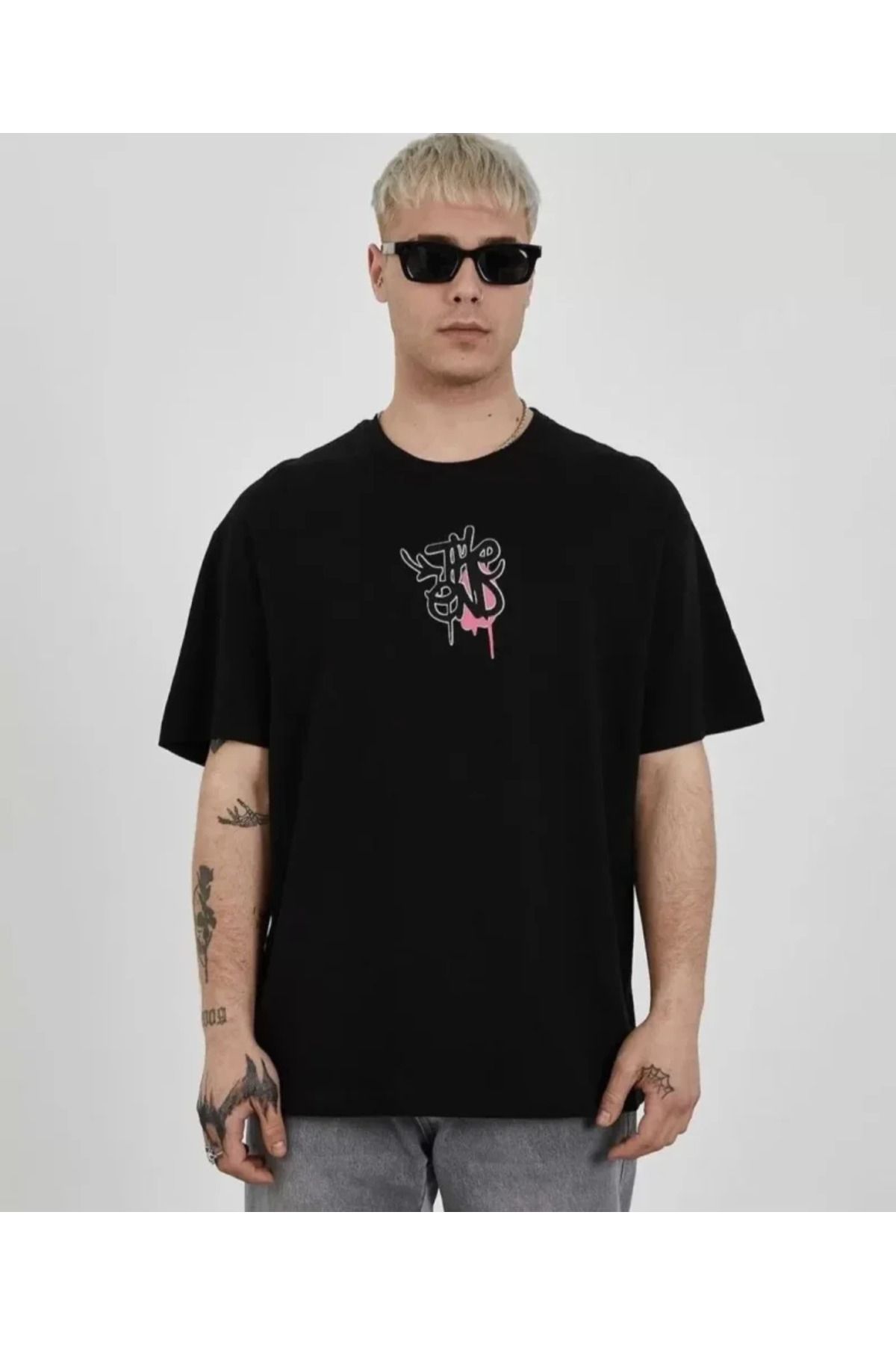 HobiDünyasıElif Unisex Bisiklet Yaka Baskılı Oversize T-Shirt - Siyah