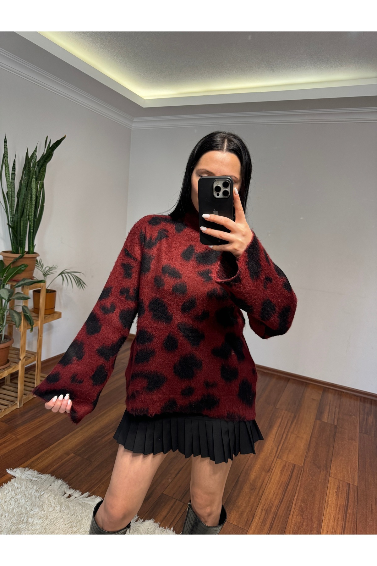 Yün Karışımlı Leopar Tüylü Kazak