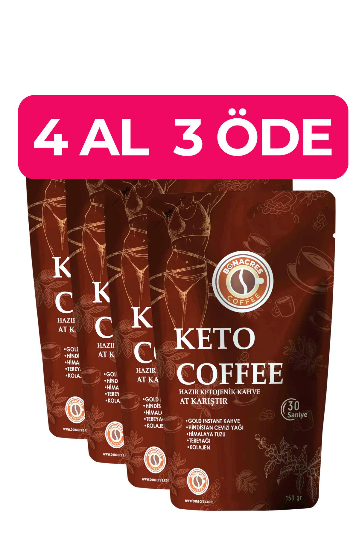 Bonacres 4 AL 3 ÖDE - KETO Diyet Kahve At Karıştır Paket 4x150gr