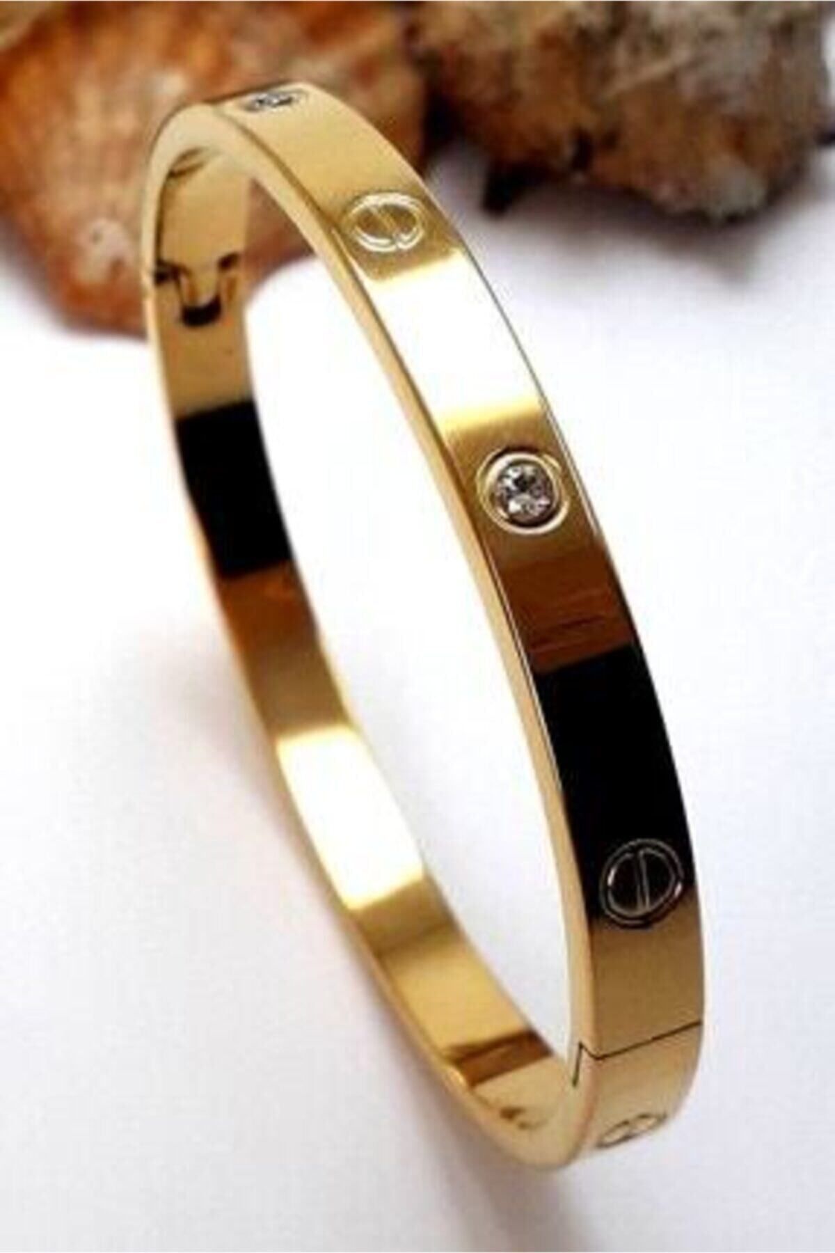 JEWELRY Unisex Gold Zirkon Taşlı Paslanmaz Çelik Bileklik Bilezik 18 cm