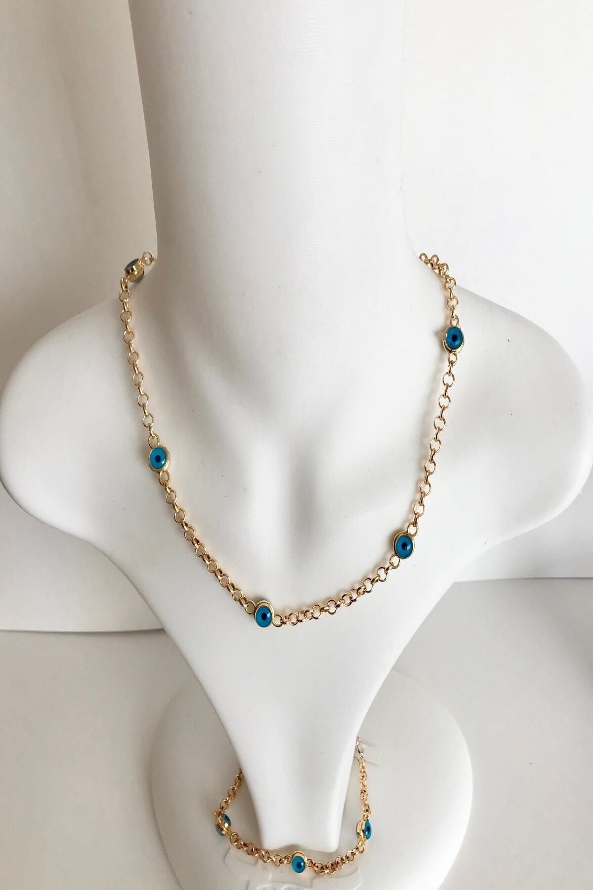 JEWELRY Altın Kaplama Nazar Boncuklu Kolye+bileklik
