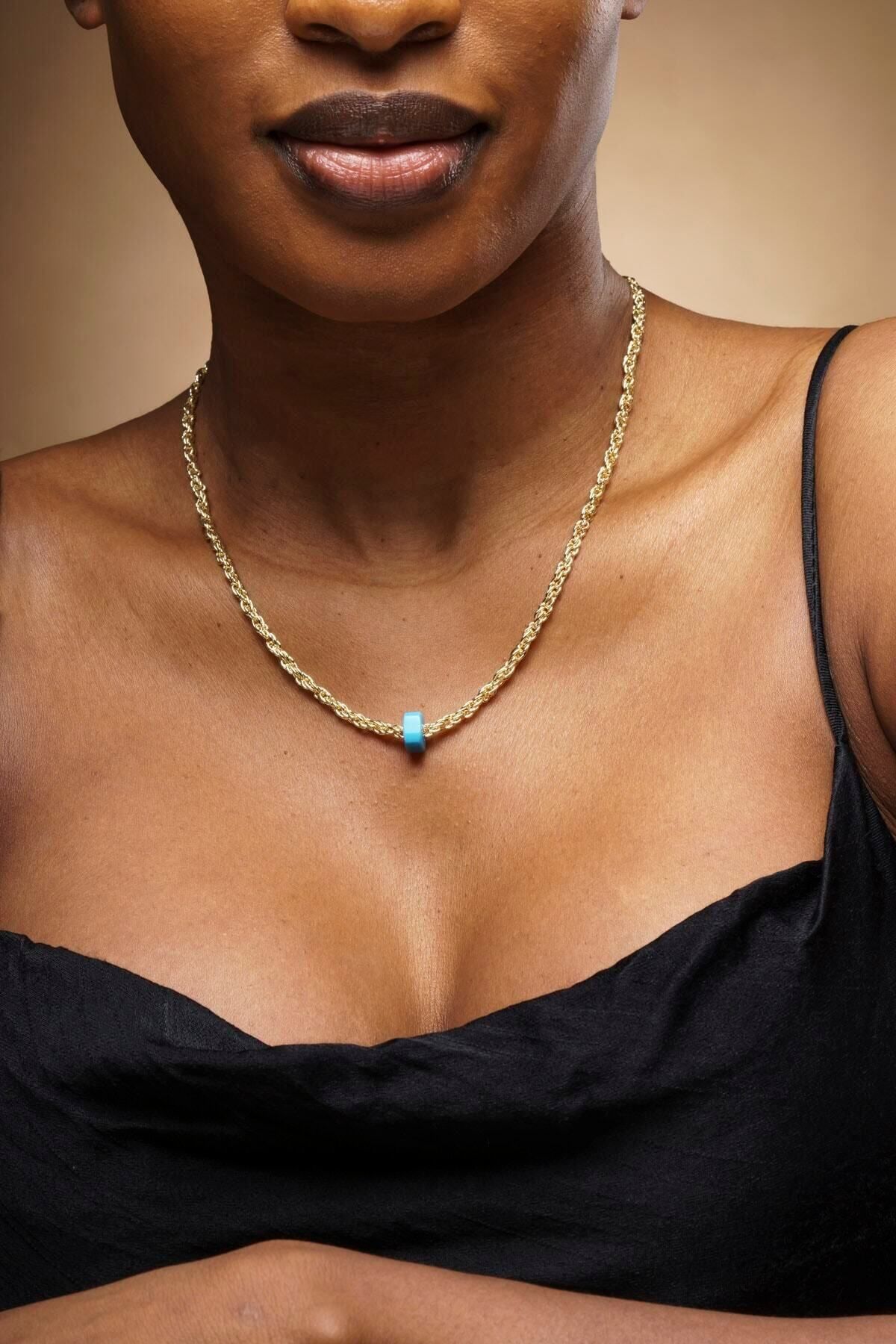 JEWELRY Altın Renk Zincirli Doğal Kadın Mavi Taşlı Kolye Ucu